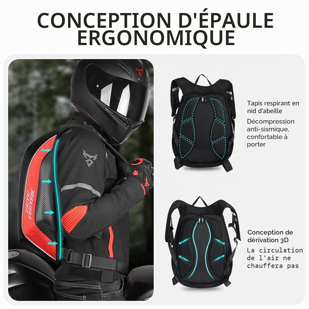 Sac à dos de moto imperméable en fibre de carbone avec coque rigide réfléchissante