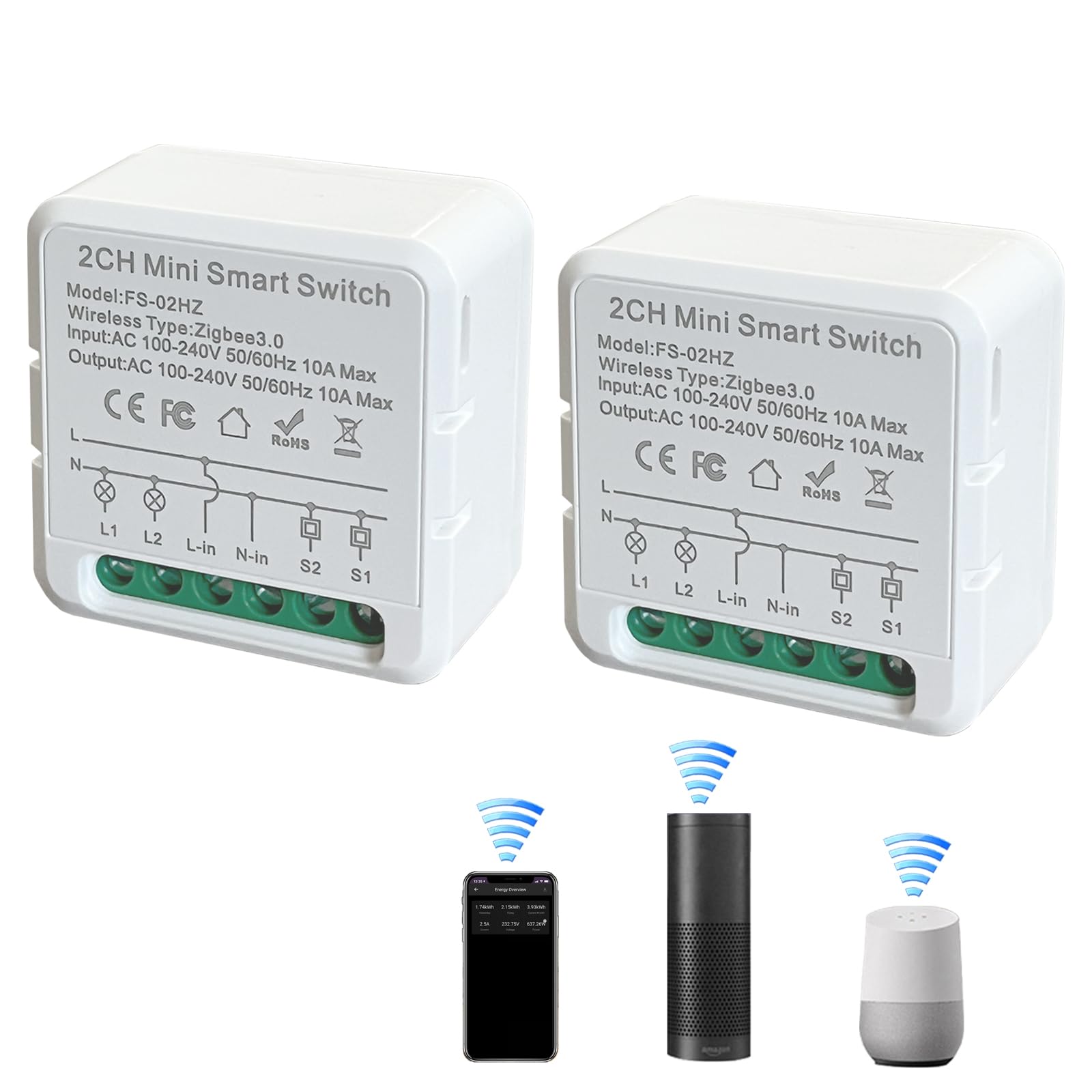 10A ZigBee Mini Smart Switch, Smart Switch, 2-Wege Smart Steckdosen, Kompatibel mit Alexa, SmartThings Hub und Google Home, Neutral Draht erforderlich (2 Pack)