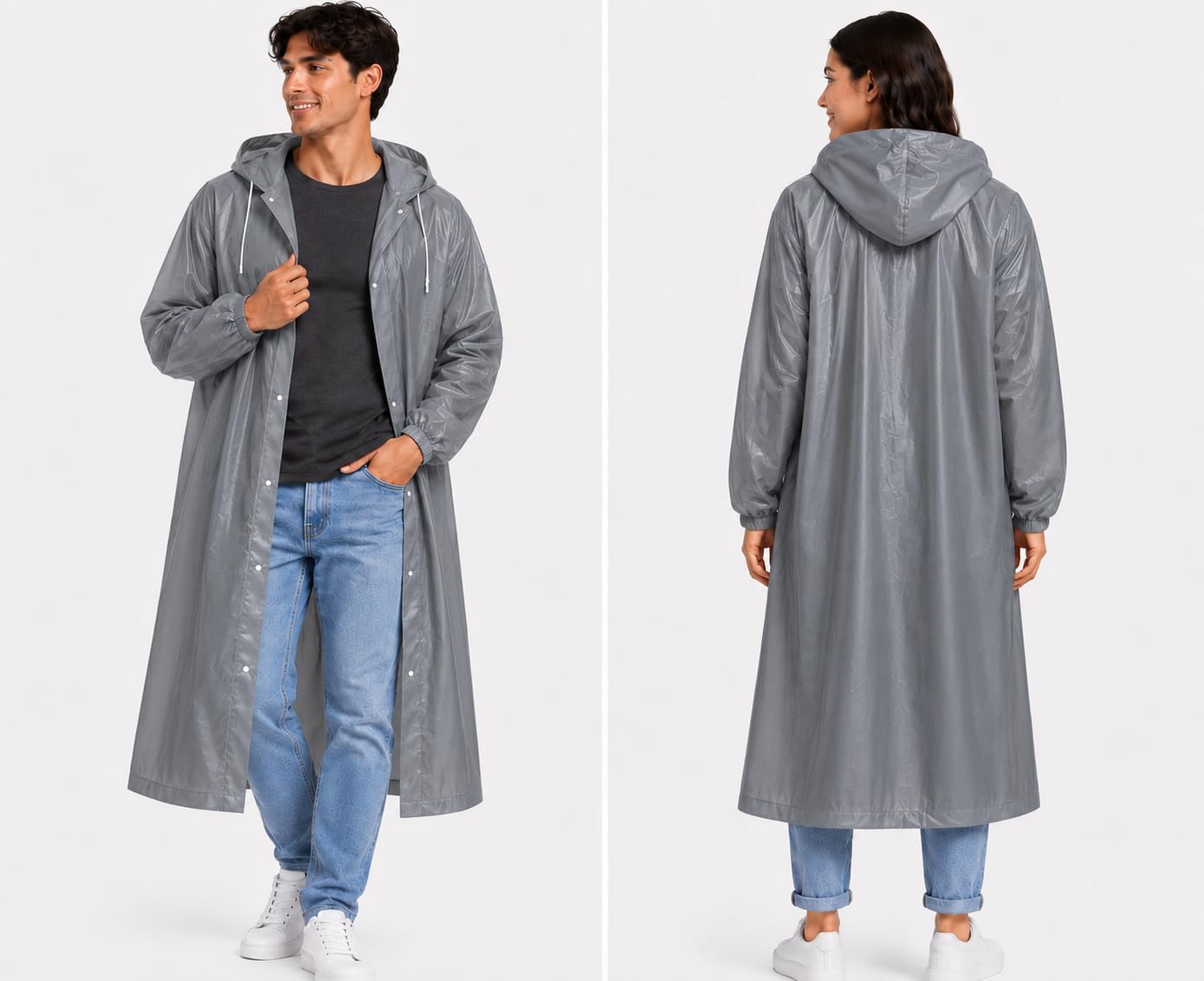 Hooded EVA Raincoat for Men & Women, 100% Waterproof Windproof Rain Coat, Reusable Rainwear with Snap Button Closure, Lightweight Grey Raincoat for Travel, Biking & Hiking-image-4