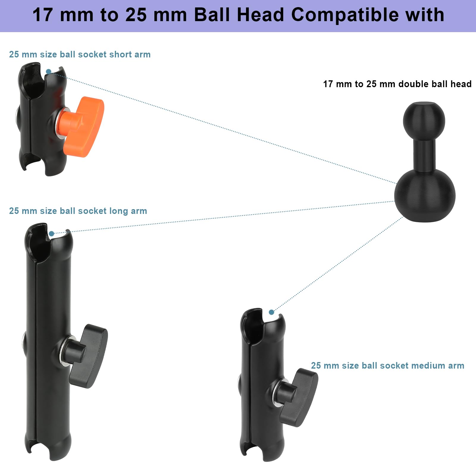 Tablet Holder with 3 Ball Adapters,Aluminum Alloy 17 mm to 17 mm/17 mm to 20 mm/17mm to 25 mm Ball Joints,Compatible with 17mm/20 mm/25 mm Size Ball Socket Mount (25 mm Compatible with RAM Mounts)