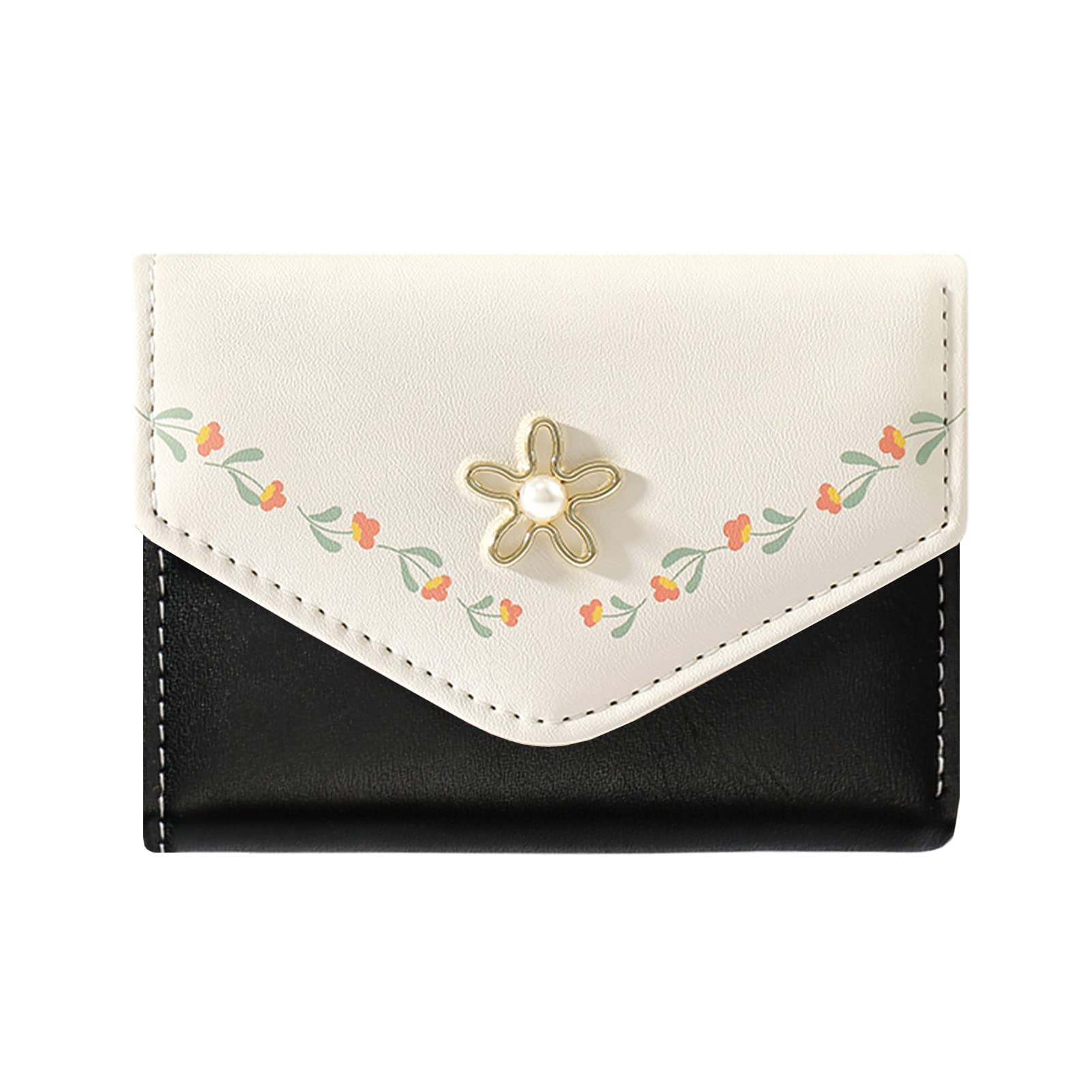 MOZXIRZ Women Girls Wallet Cute Flower Tri-Fold Wallet PU Leather Purse Slim Short Wallet Small Trifold Cash Card Holder Bag (Black)