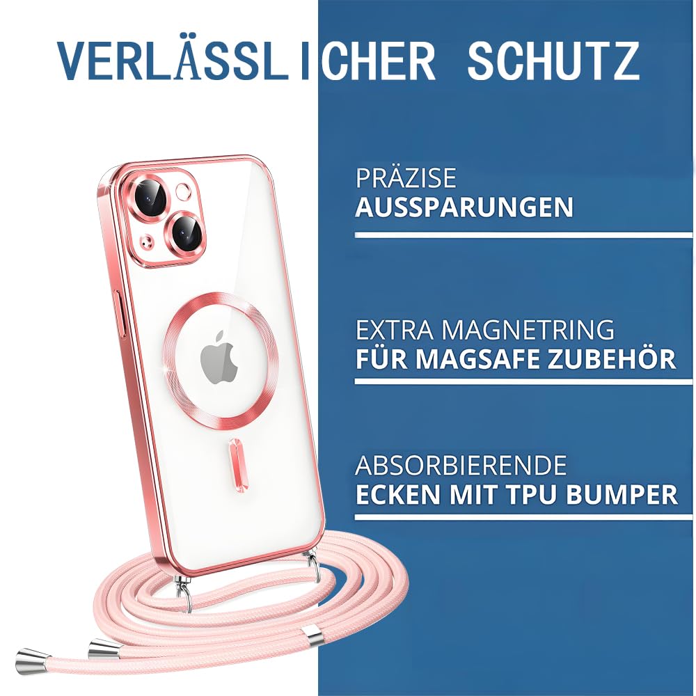 CaseLover Etui magnetyczne do iPhone 15, kompatybilne z MagSafe, przezroczyste, silikonowe, ze zdejmowanym sznurkiem, do zawieszenia, odporne na uderzenia, różowe złoto