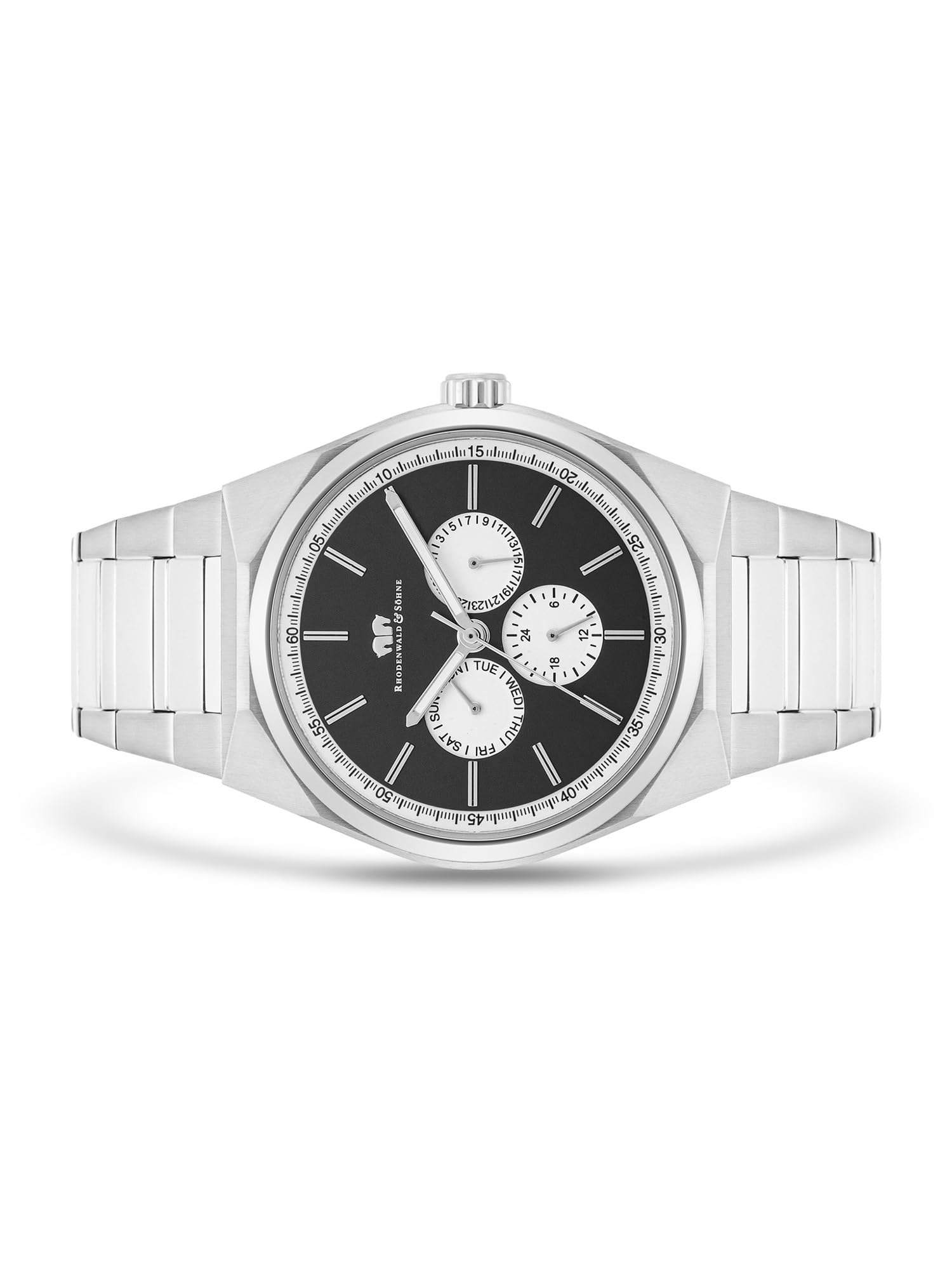 Rhodenwald & Söhne Herren Uhr Edelstahl Silber Quarzwerk 5 ATM | Edelstahl Armband, silber, Gliederarmband, Multifunktion(en), Zifferblatt schwarz, Mineralglas, Armbanduhr