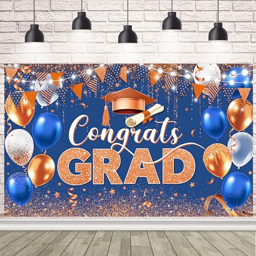 Image of AIBIIN Congrats Grad Backdrop Blue Orange Gold Glitter Balloons Congratulations Graduation Party Decorations Background for Photography Graduation Decorations 2026 Party Supplies 70.8x43.3 Inch