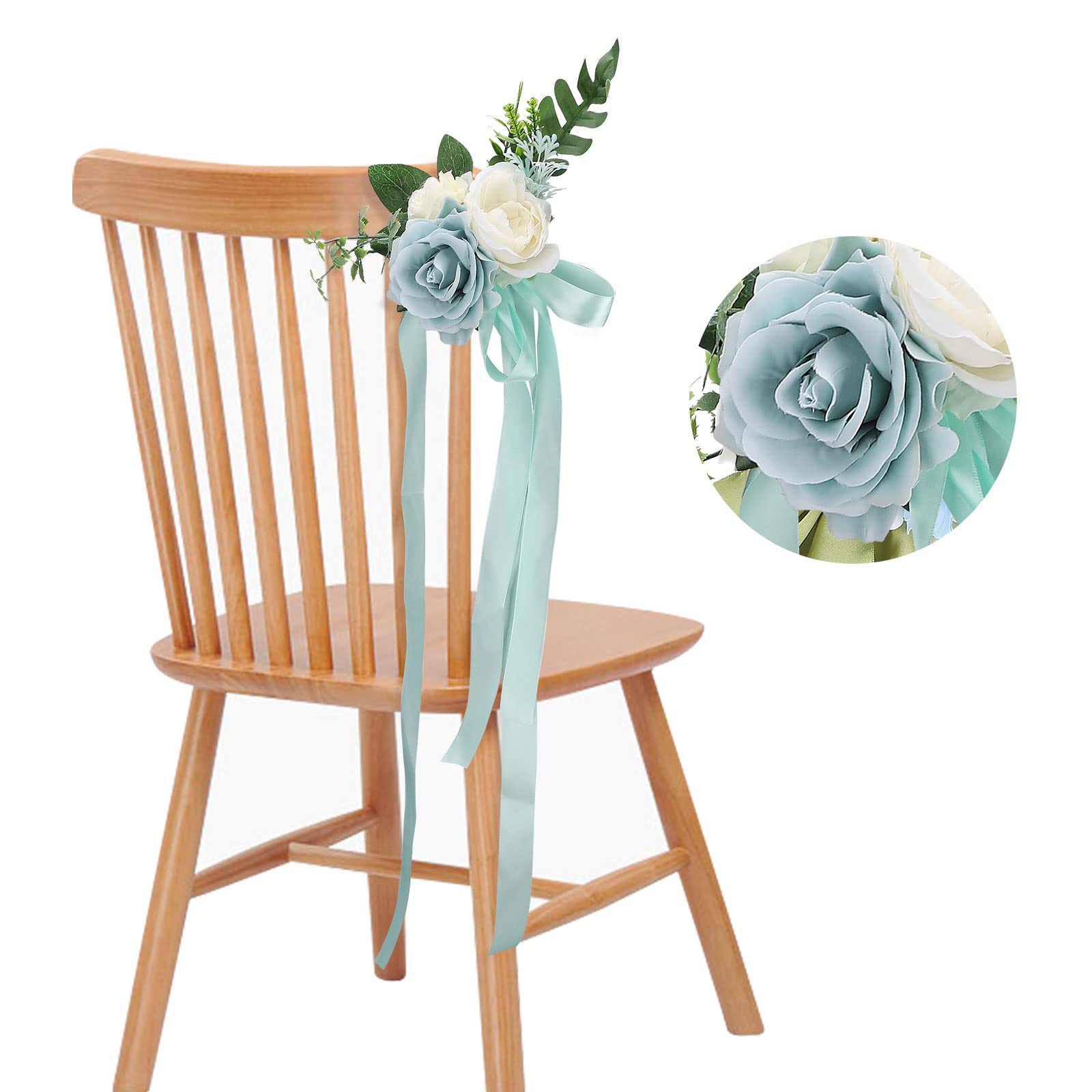 RTYUSWL Artificial Rose Green Leaves Wedding Aisle Decorations,Pew Decoration Flowers with Ribbons,Chair Floral Decorations,Wedding Aisle Flowers for Party Ceremony Chair Decor (8pcs Blue)
