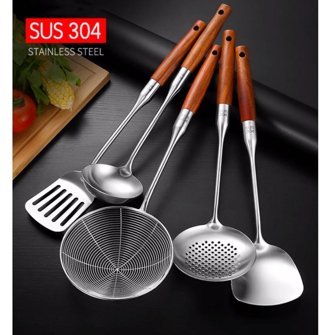 Kochlöffel aus Edelstahl, Kochspatel, Gadgets, Kochutensilien, Küchenkochgeschirr, Backgeschirr, Werkzeuge, Lagerregale, 6-teiliges Set