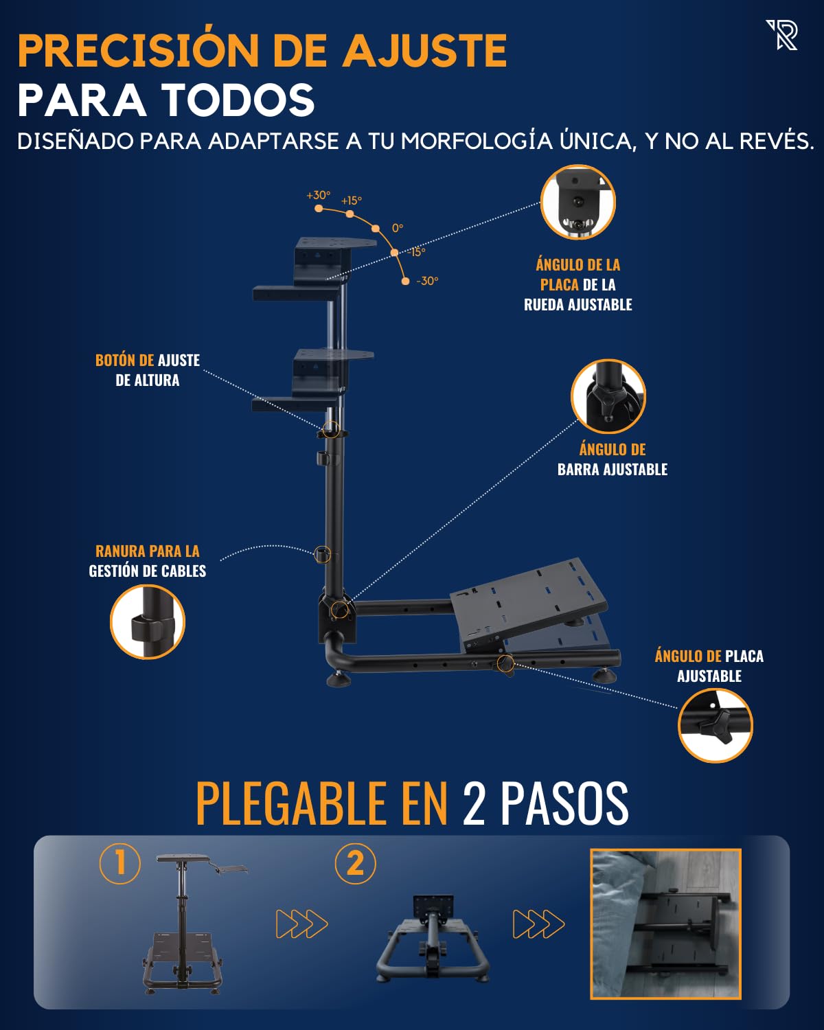 Soporte De Volante Gaming Ajustable De Acero Negro con Estabilidad Mejorada, Compatibilidad Amplia, Palanca De Cambios Extraíble Y Diseño Plegable Portátil