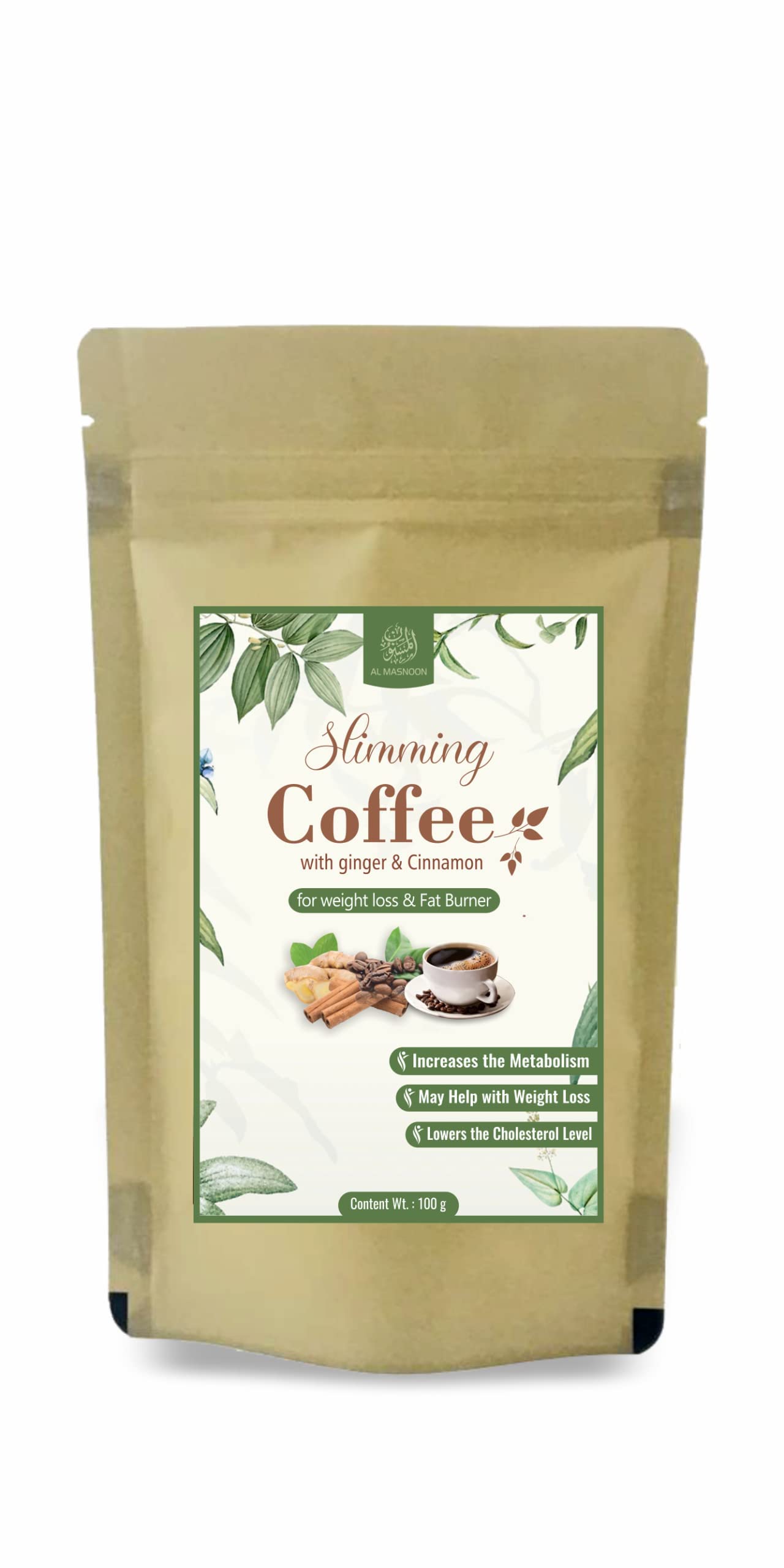 AL MASNOON Slimming Coffee/A Fat Burner/Made with Green Coffee & Dry Ginger for Weight Loss 100G