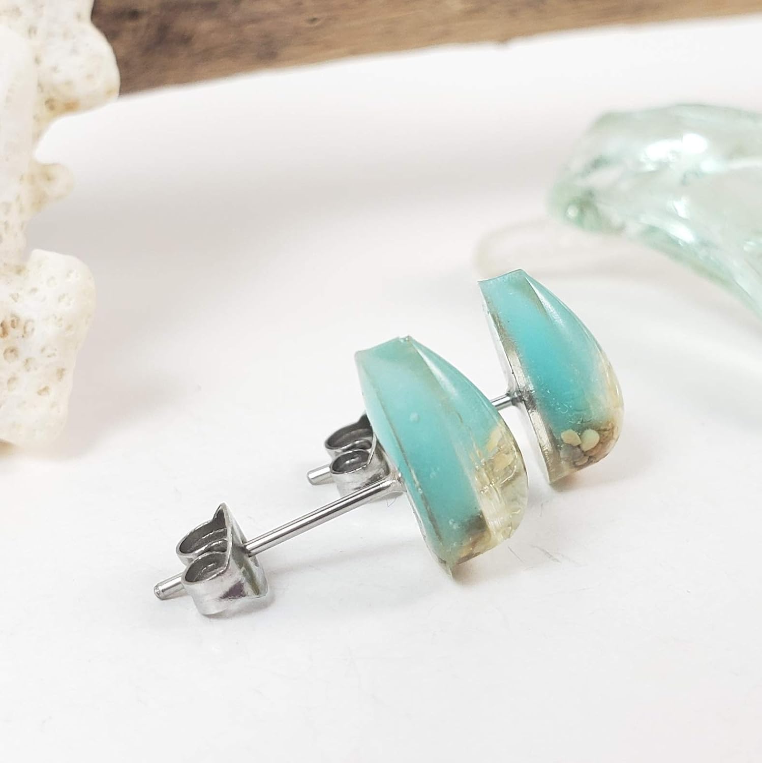 Sea green glow in the dark water and sand teardrop stud earrings-hypoallergenic for sensitive skin, Handmade in Hawaii Beach Jewelry