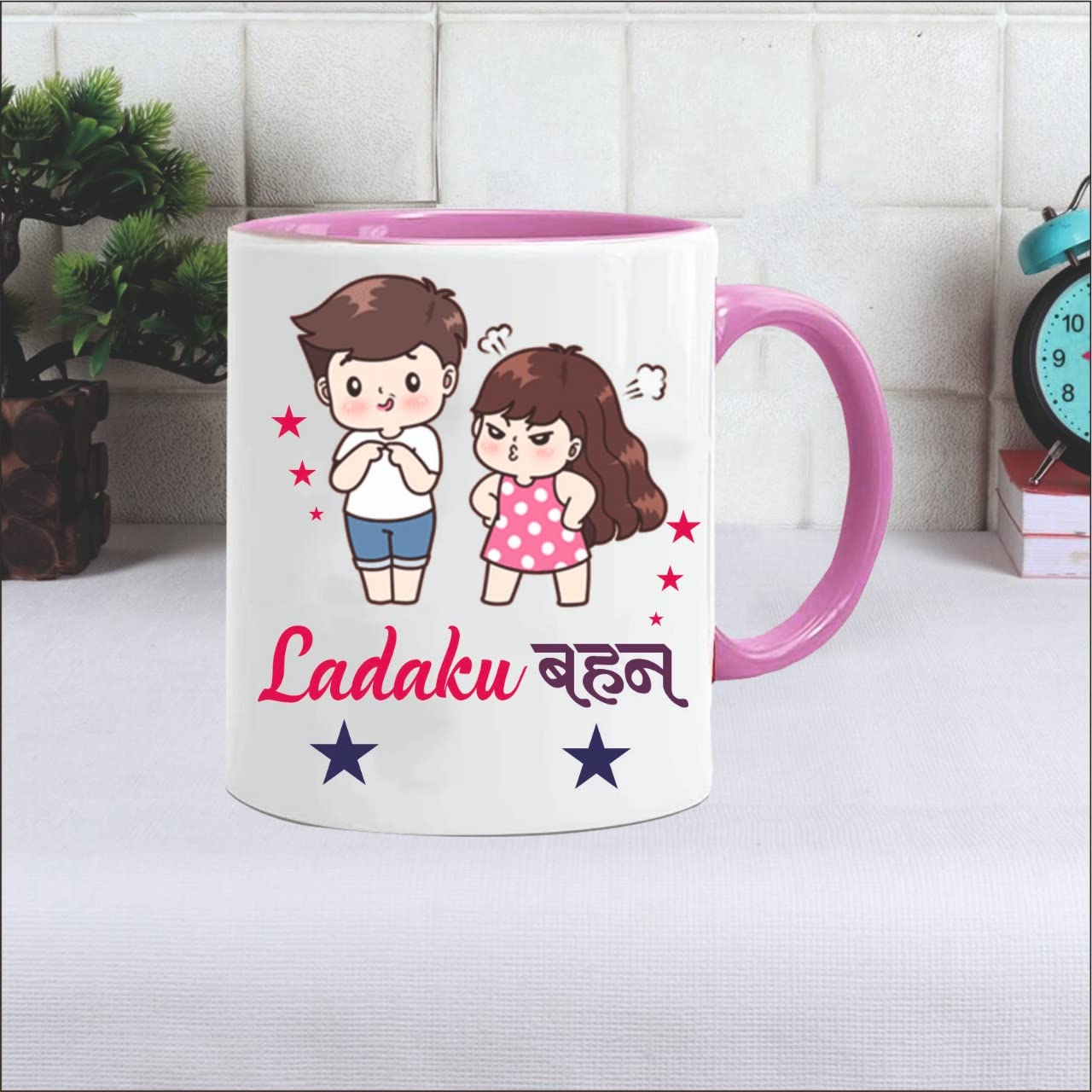 GIFT JAIPUR Ladaku Behen Pink Handle White Ceramic Mug- Gift for Sister from Brother on Birthday Rakhi rakshabandhan bhaidooj Return Gift