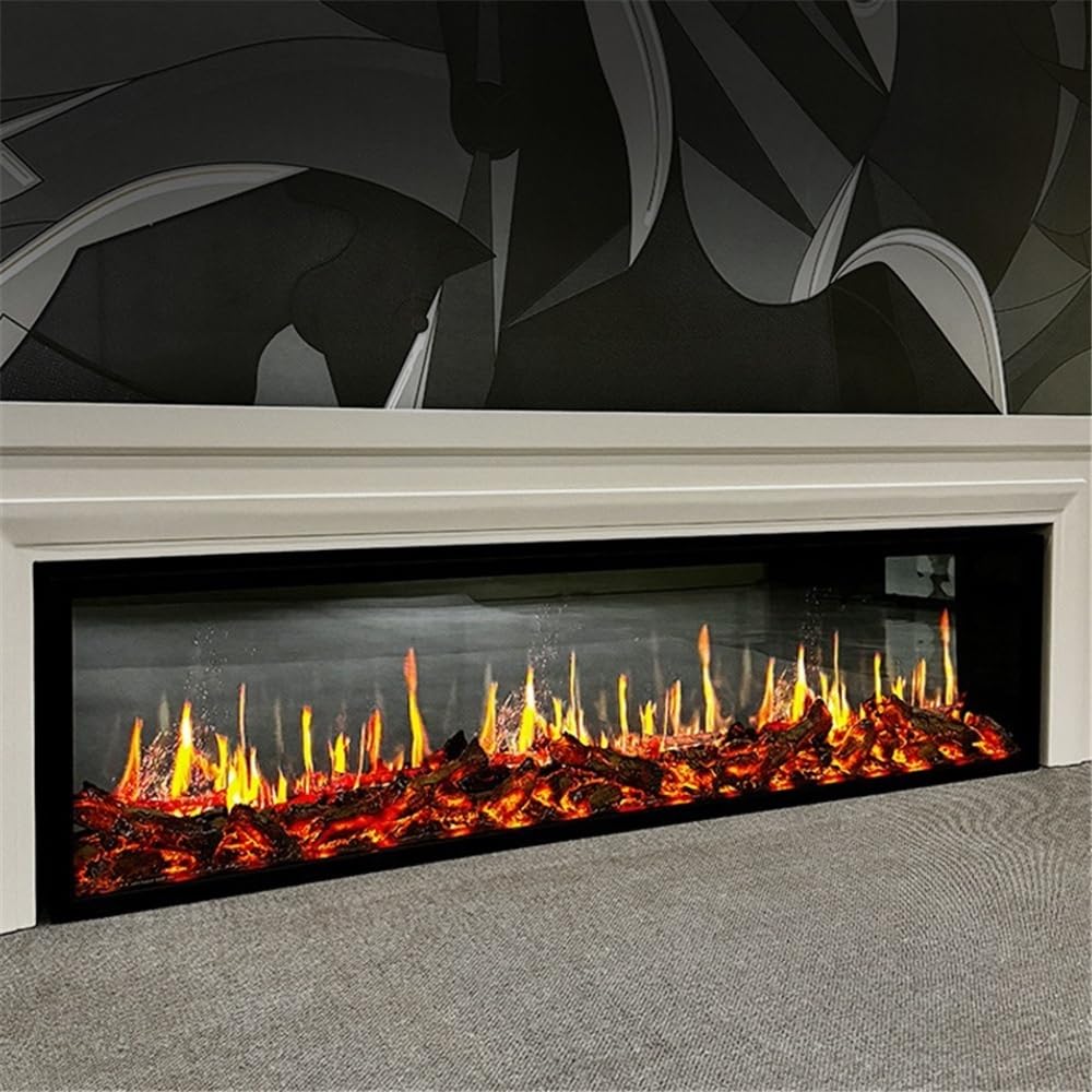 Salotto Camino Elettrico Caminetto elettronico Decorativo Ultrasottile da Incasso con Fiamma realistica e Ombra olografica(Grande)