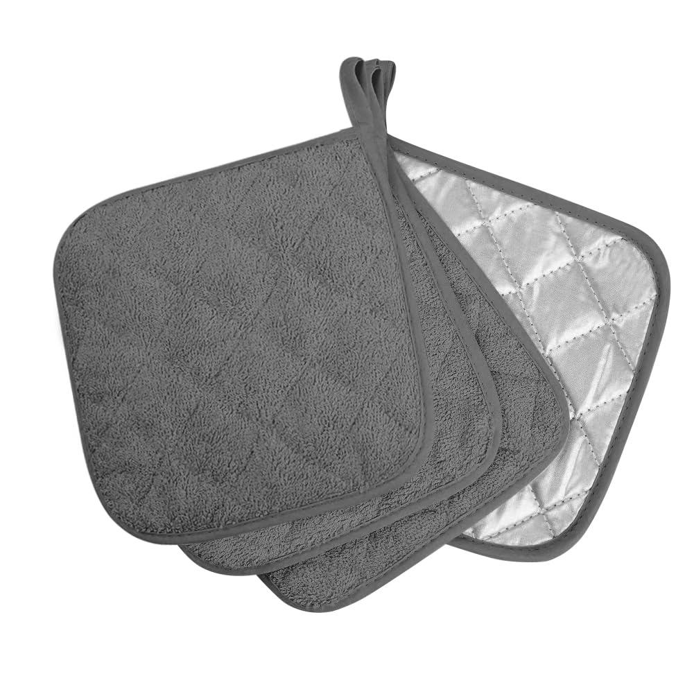 meioro 4-Pack Pot Holders for Kitchen High Heat Resistant Potholder, 100% Cotton Hot Pads, Quilted Terry Hot Pot Holder Set for Kitchens, Washable Trivet for Cooking and Baking 7x7 Inches (Light gray)