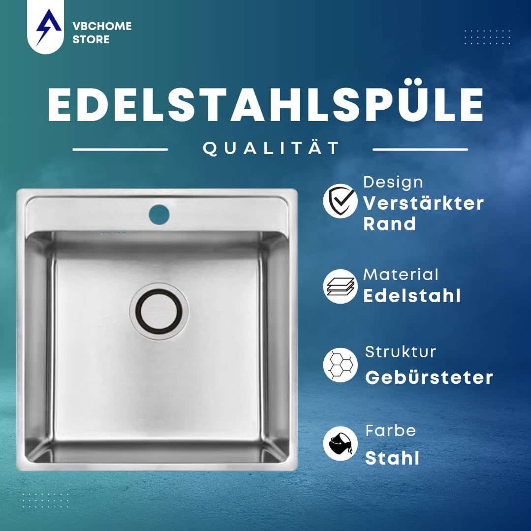 VBChome Edelstahl Einbauspüle 49x48x21 cm – Gebürsteter Inox-Stahl, Großes Becken mit Hahnloch, Küchenspüle inklusive Siphon, Robuste Edelstahlspüle