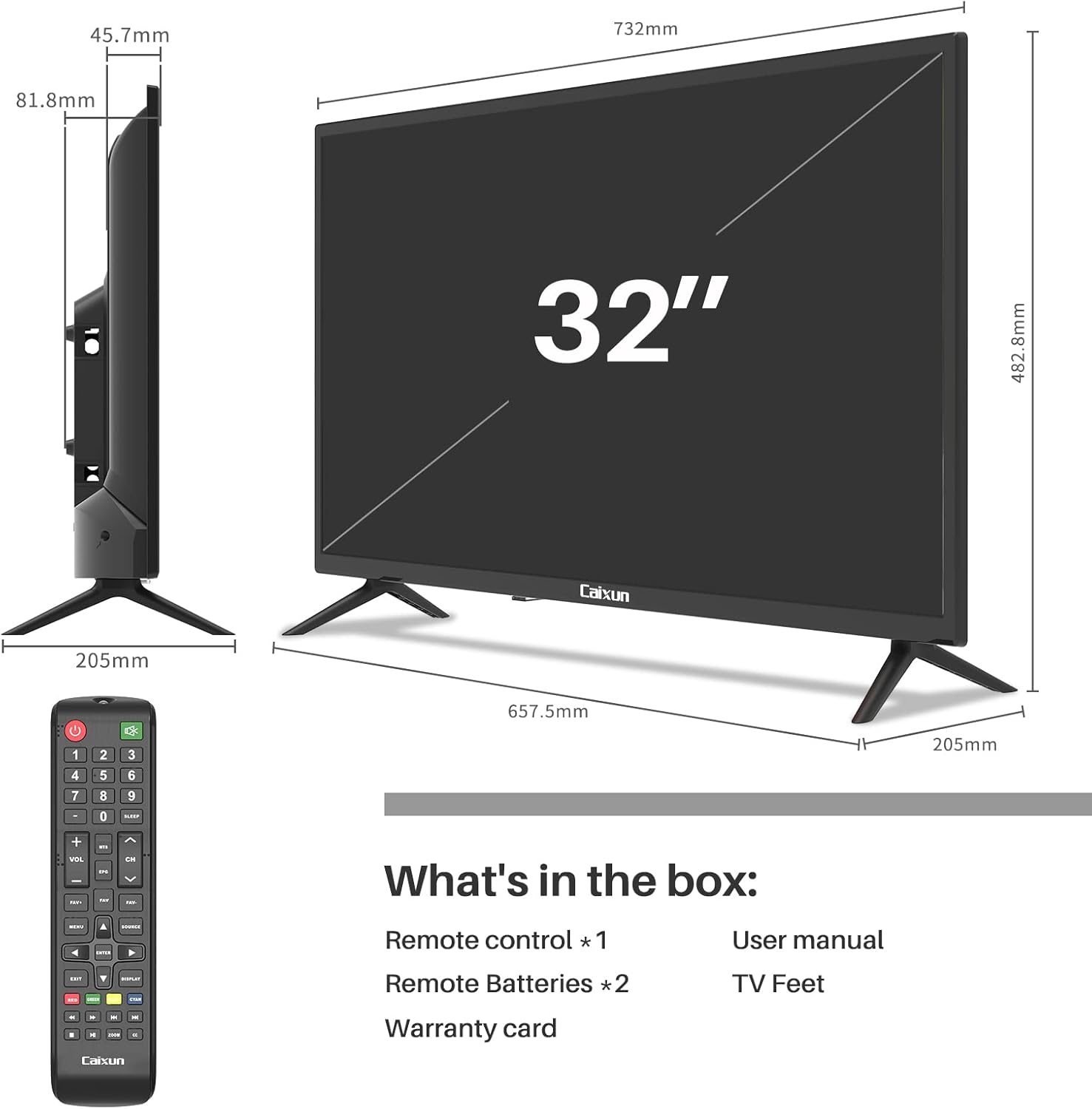 Image showing the Caixun TV dimensions, remote control, and a list of included accessories: remote control, batteries, TV feet, and user manual