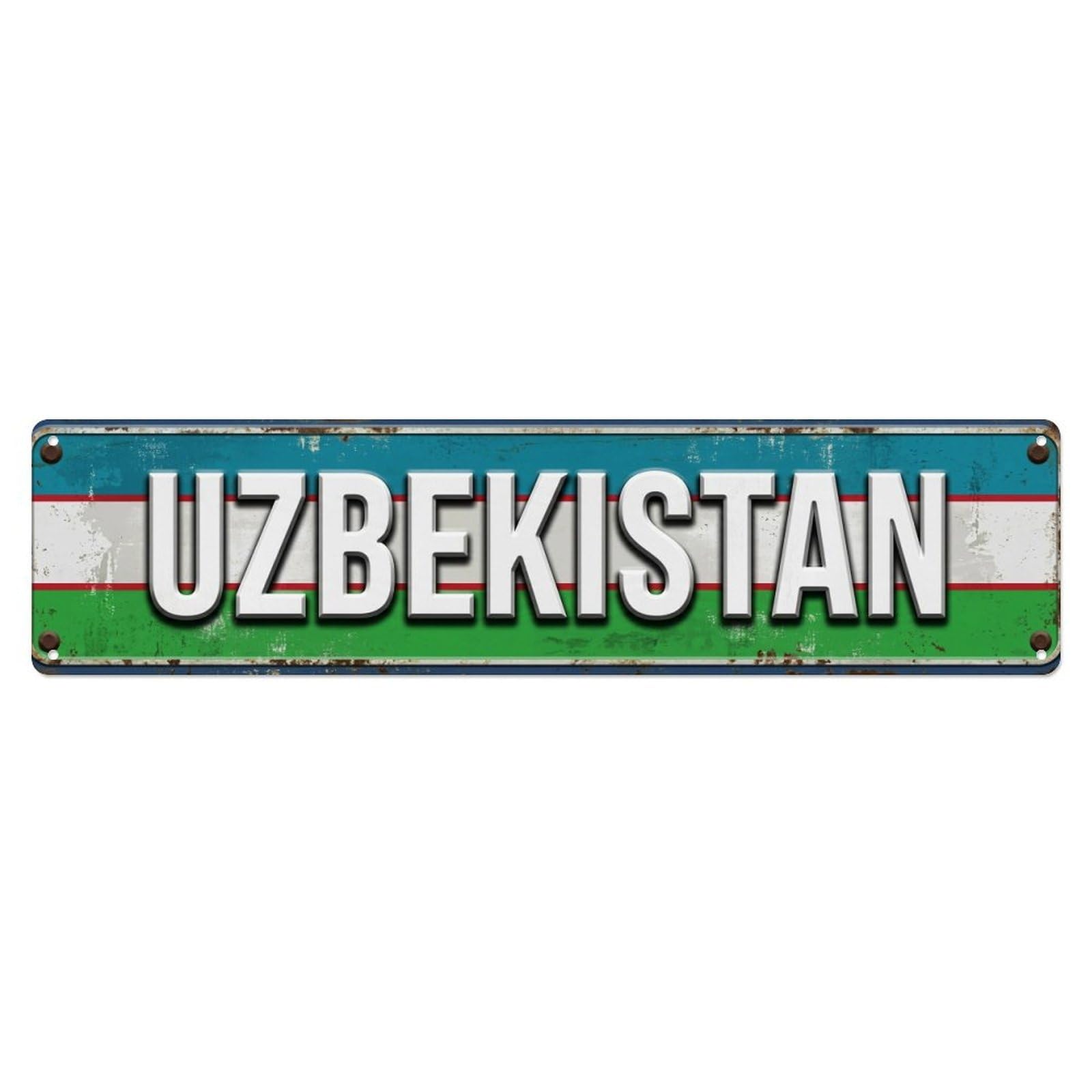 Olhnbad 4X16inch(10X40cm) Vintage Uzbekistan Flag Pattern Metal Tin Sign