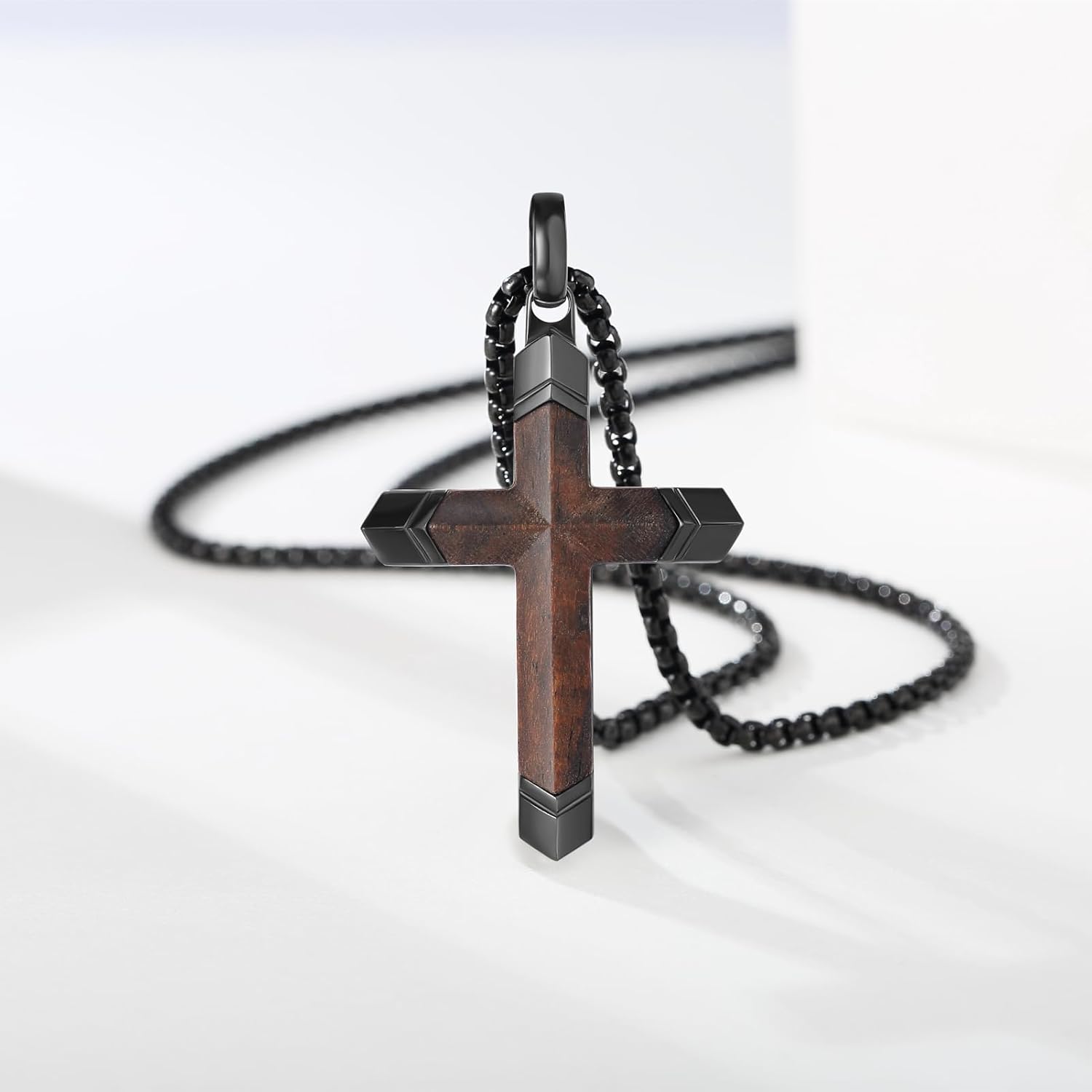 Wooden Cross Necklace for Men, Real Ebony Inset In Black Stainless Steel Christian Wood Crucifix Pendant, Includes Necklace 24" Box Chain - Image 6