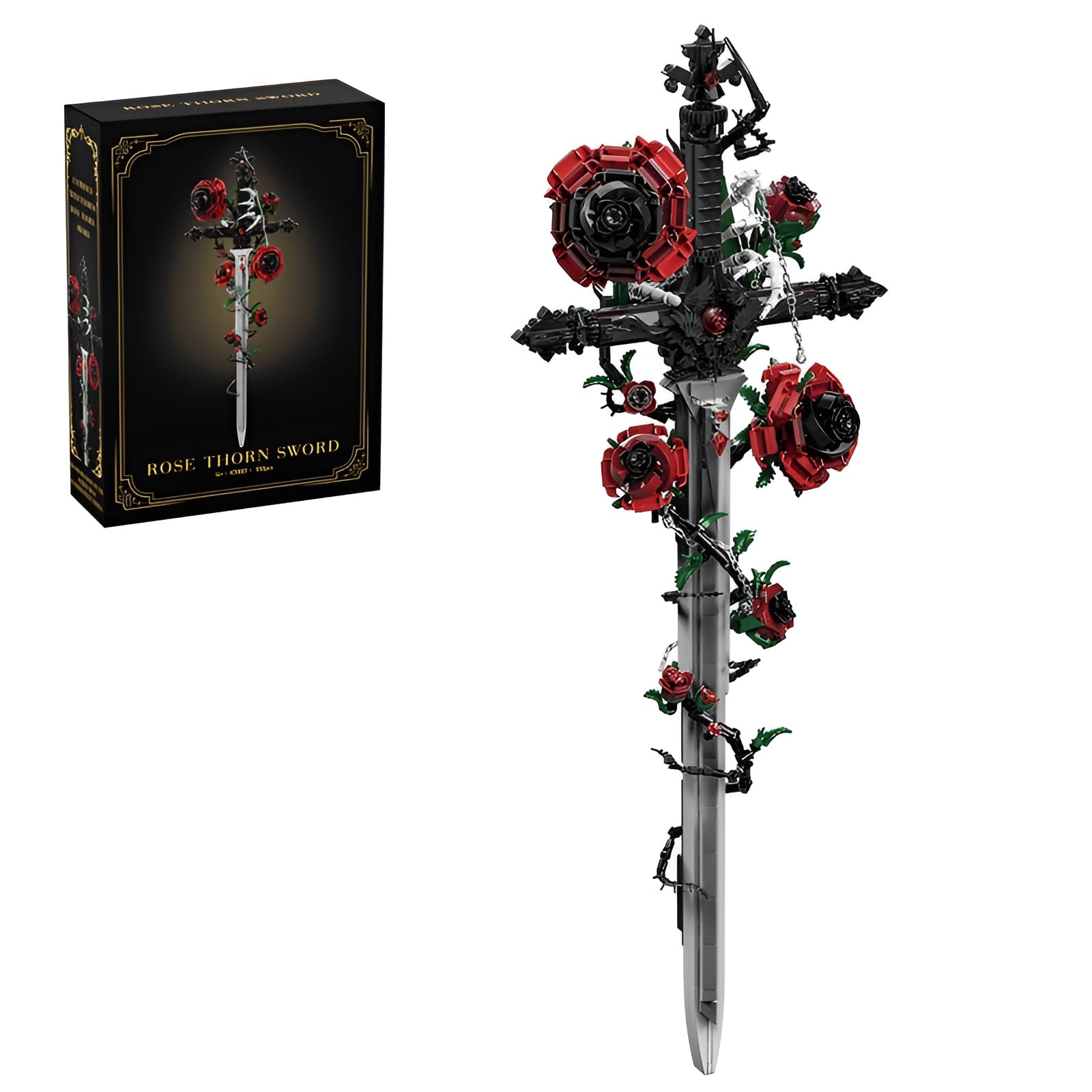 QuirkQuest Gothic Rose Thorn Sword Building Blocks Set, 1150 Pieces Collectible Display Flower Building Kit for Adults & Teens, Fantasy Decorative Longsword Model Toys