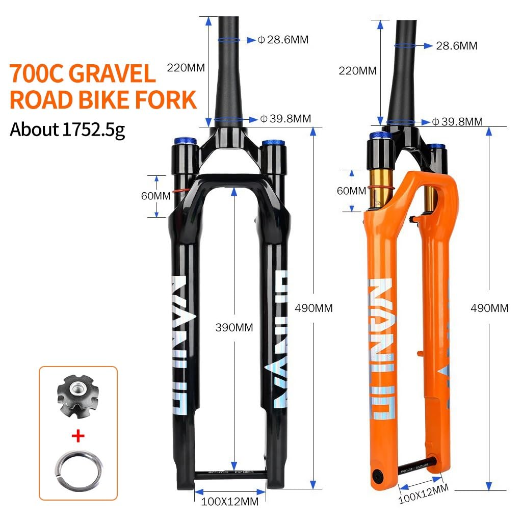 700C Gravel-Rennrad-Federgabel, 60 mm Federweg, 1-1/2 Zoll konische Offroad-Scheibenbremse vorne, XC Air, manuelle Verriegelung, 100 x 12 mm Steckachse (schwarz)