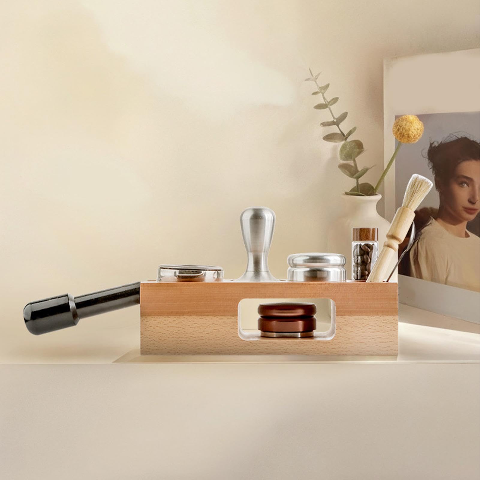 Estación espresso Organizador Multifuncional en Madera Natural 58 mm | Accesorios para Barra de Espresso Para Organización Diaria Matutina Para Preparación Y Almacenamiento En Esquina Cocina