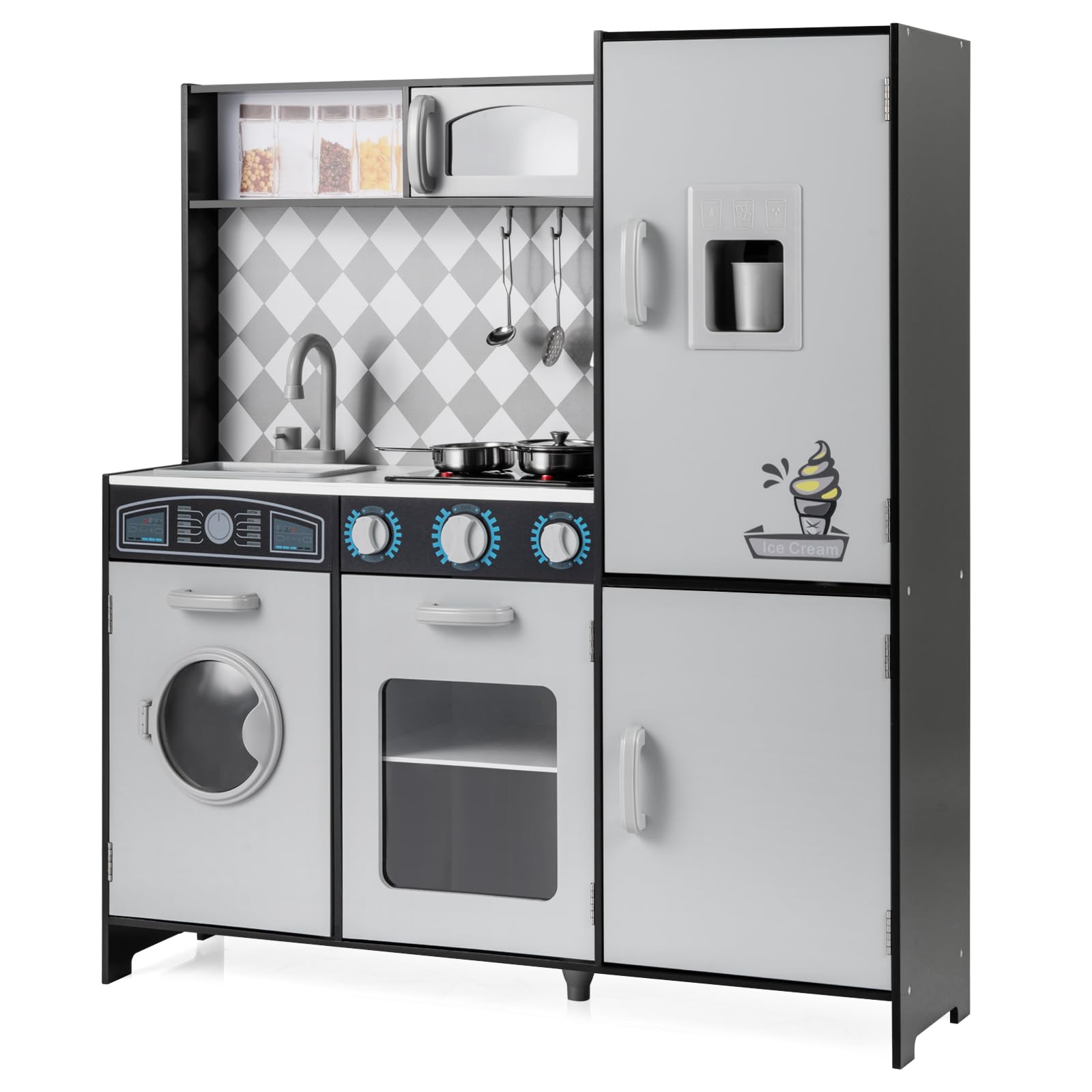 GYMAX Kids Play Kitchen, Wooden Toy Kitchen with Microwave, Ice Maker, Washing Machine, Oven, Stove, Sounds, Lights and Cookware Accessories, Pretend Kitchen Playset for Boys Girls (Grey)