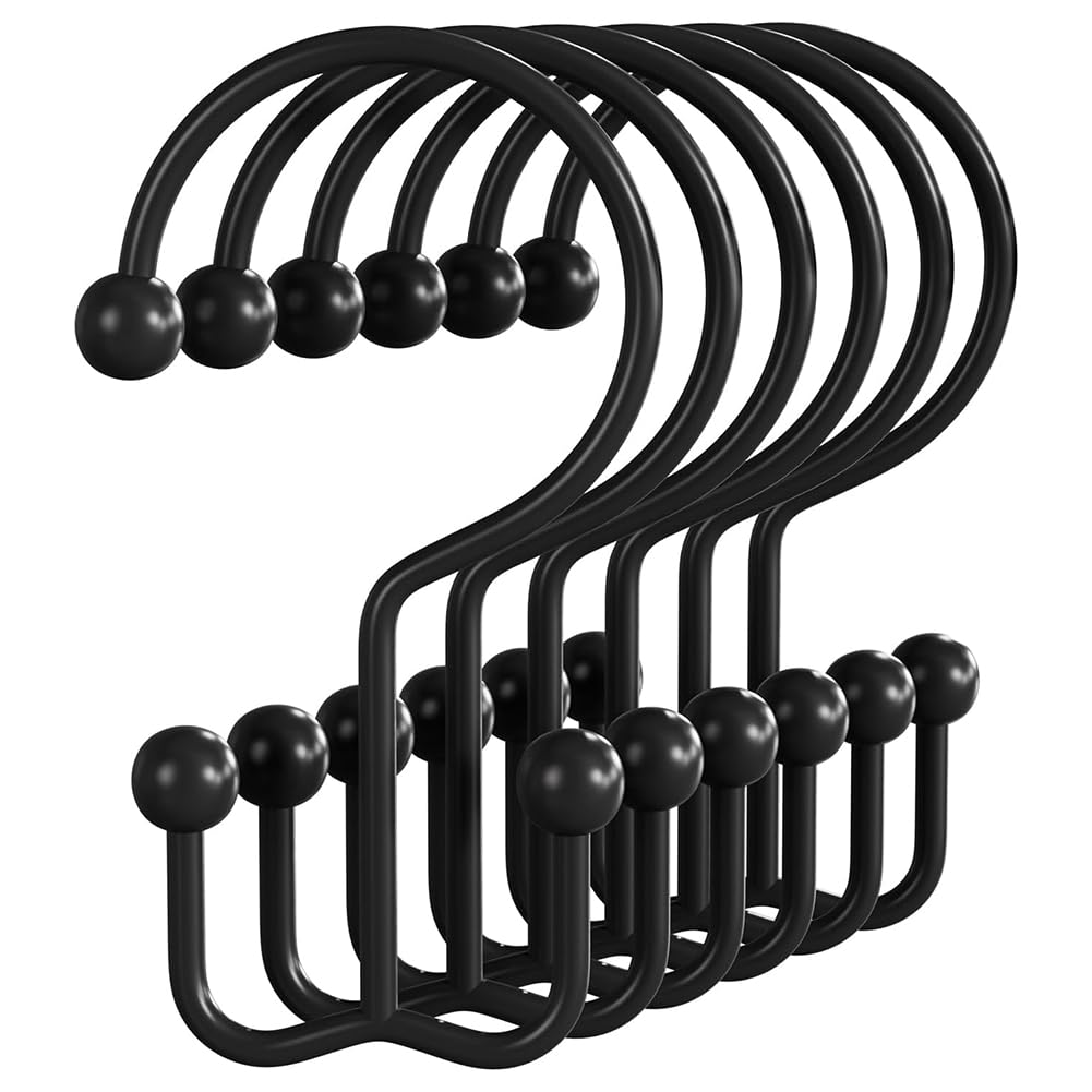 IJSDNVJNDX Matte Black Shower Curtain Hooks, Double Hook Shower Curtain Hooks, Shower Curtain Hanger Rust-Proof Hooks