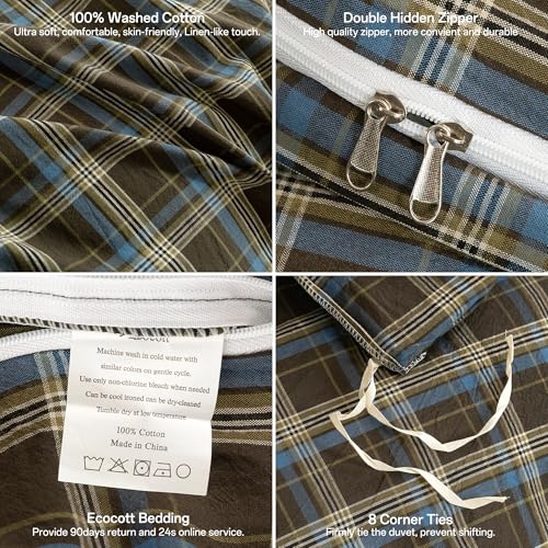 Image of ECOCOTT Buffalo Plaid Duvet Cover Queen Size - 3 Piece Washed Cotton Brown & Blue Bedding Set, Soft & Breathable, Reversible Checkered Design with Zipper Closure & Corner Ties