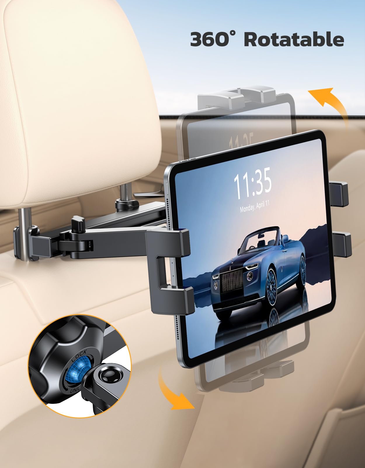 EOIWUY Samochodowy uchwyt do tabletu, wysuwane ramię przedłużające, obracany o 360°, uchwyt na tablet, kompatybilny z iPadem, iPhone, Galaxy Tabs i wszystkimi urządzeniami o przekątnej ekranu