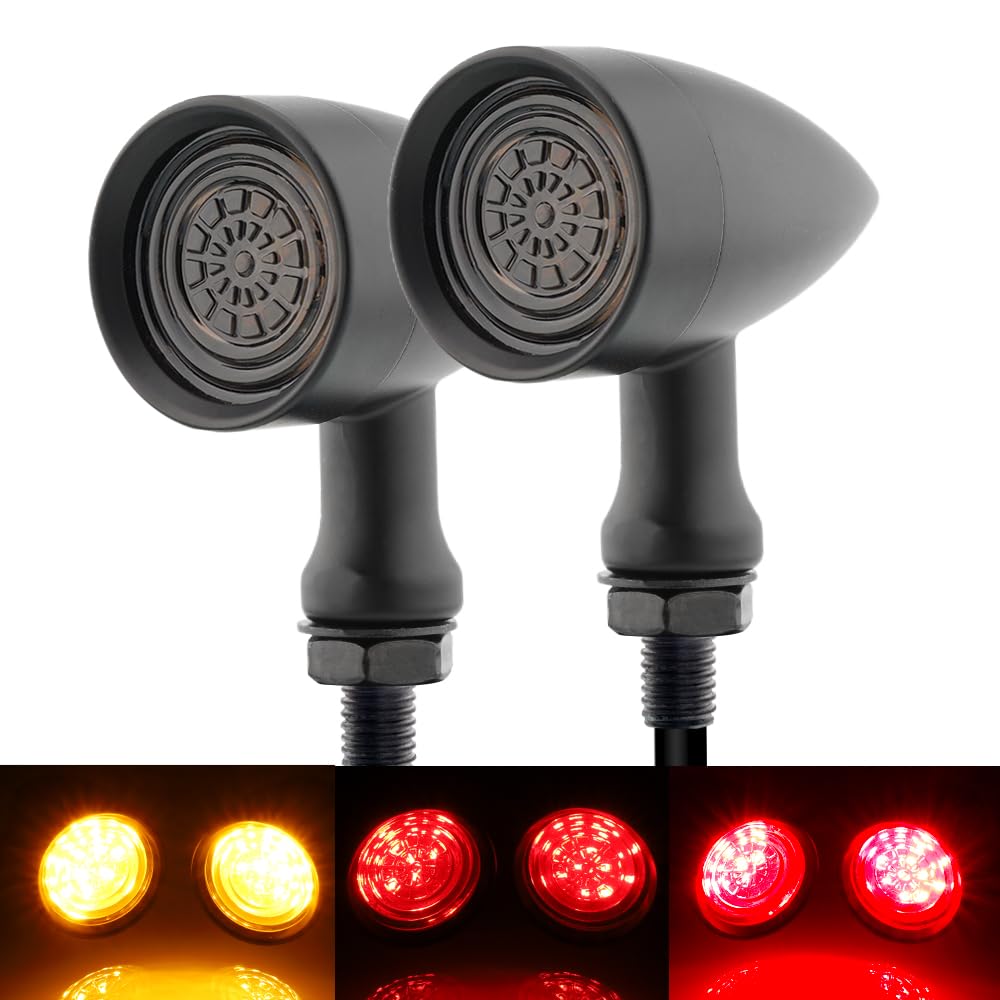 TSUNG Universal Motorcycle LED Turn Signals Small Bullet Front Rear Blinkers Tail Lights for Cruiser Chopper Bobber Cafe Racer Street Bike (Red&amp;Amber Light-Black)