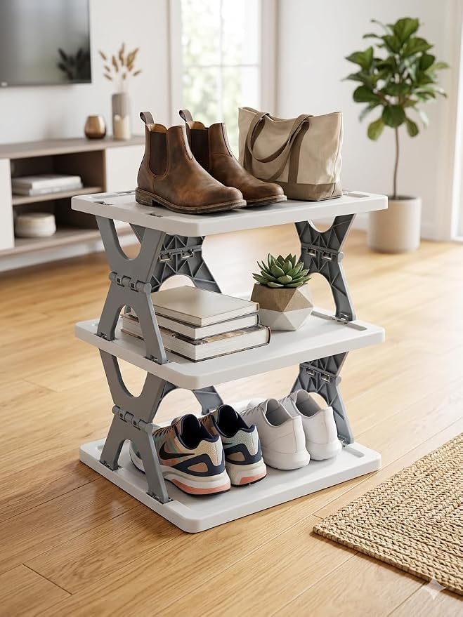 Image of 3 Tier Foldable Storage Rack | Multipurpose Plastic Organizer Shelf for Kitchen, Bathroom, Living Room & Office |Heavy Duty Space Saving Storage Stand |Easy No-Tool Assembly (White & Black)