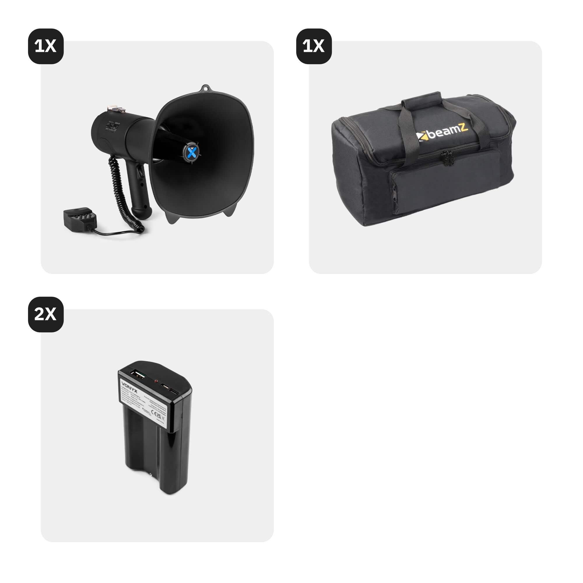 Vonyx MEG090 - Megáfono 90W con Bluetooth y USB con Dos baterías y Bolsa | Potencia de 90W con Bluetooth y USB, para eventos, seguridad y comunicación clara