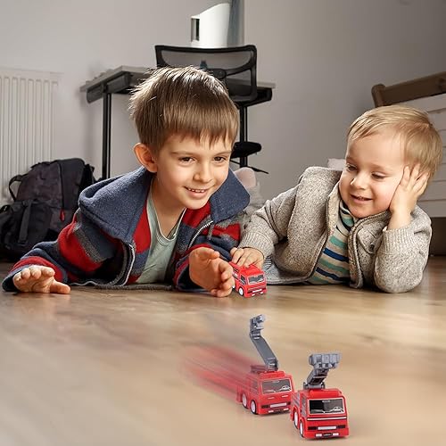 Miniatura 7 de ArtCreativity Mini camiones de juguete de bomberos de jalar, paquete a granel de 24, suministros y recuerdos para fiestas de cumpleaños de bomberos,