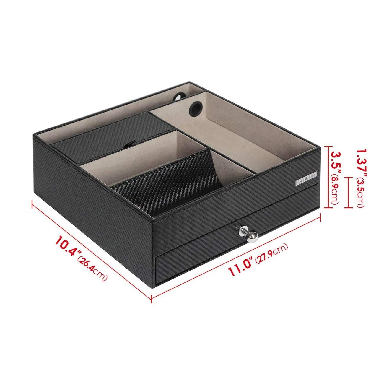 JackCubeDesign Table de nuit multi-fonctionnelle Coffret à bijoux en cuir noir Catch All Valet Tray Organizer Boîte de rangement avec tiroir et trou de chargement (Noir, 28 x 27 x 8,9 cm) -: MK389A