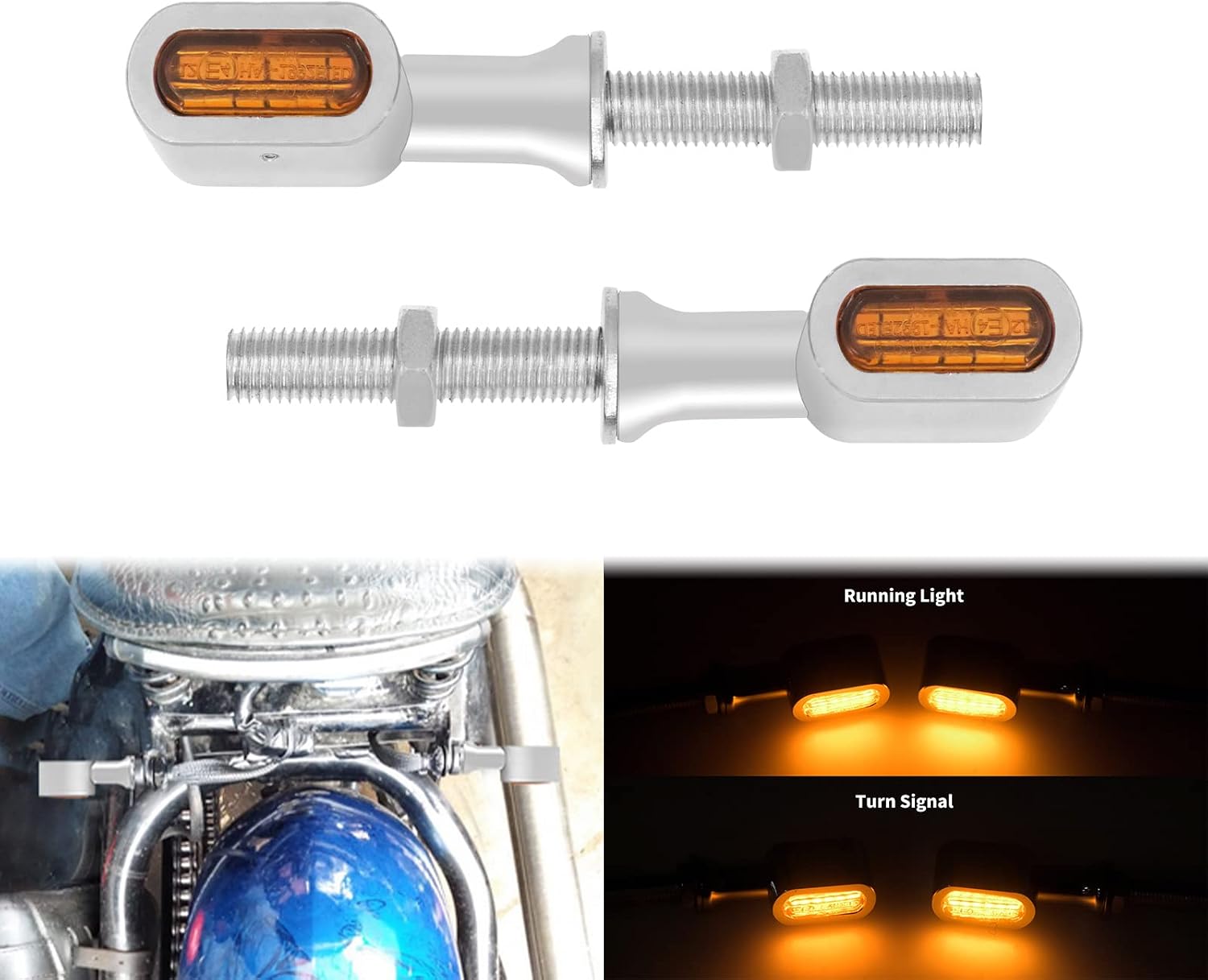 Motorcycle LED Turn Signal Light Running Rear Indicators Mini Lights Fit for Harley Touring Road King Street Gilde Electra Glide Softail Dyna Sportster XL (Chrome housing & Amber lens)