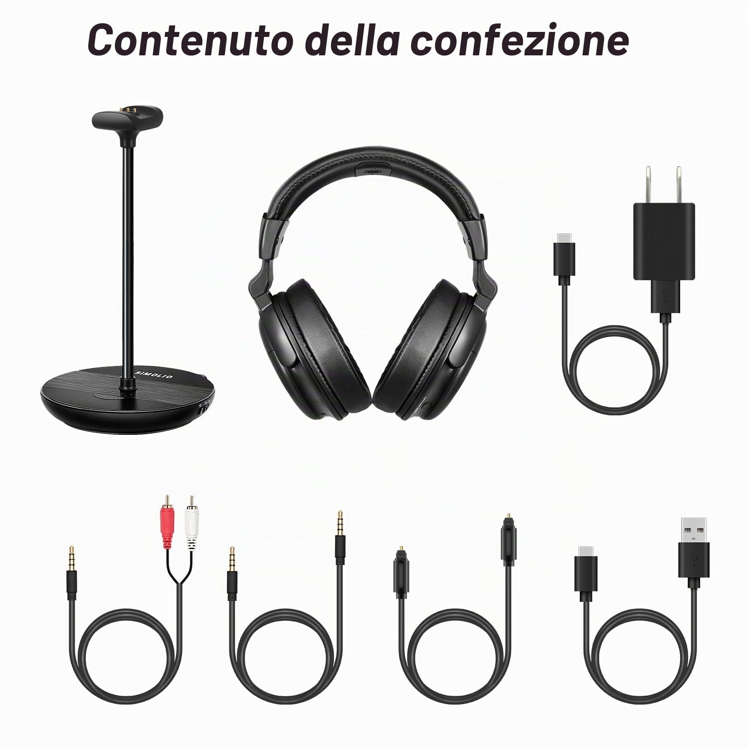 SIMOLIO Cuffie Wireless per TV con Dialogo Chiaro, Cuffie Bluetooth per TV Senza Fili con Batteria di Ricambio, Comodo da Usare per gli Anziani, by-Pass, Trasmettitore Supporto di Ricarica 2 in 1