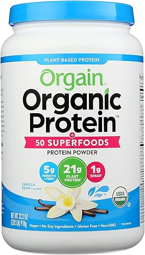 Orgain Proteína orgánica + 50 superalimentos en polvo, vainilla, orgánico USDA, vegano, sin gluten y sin OMG, 32.16 onzas