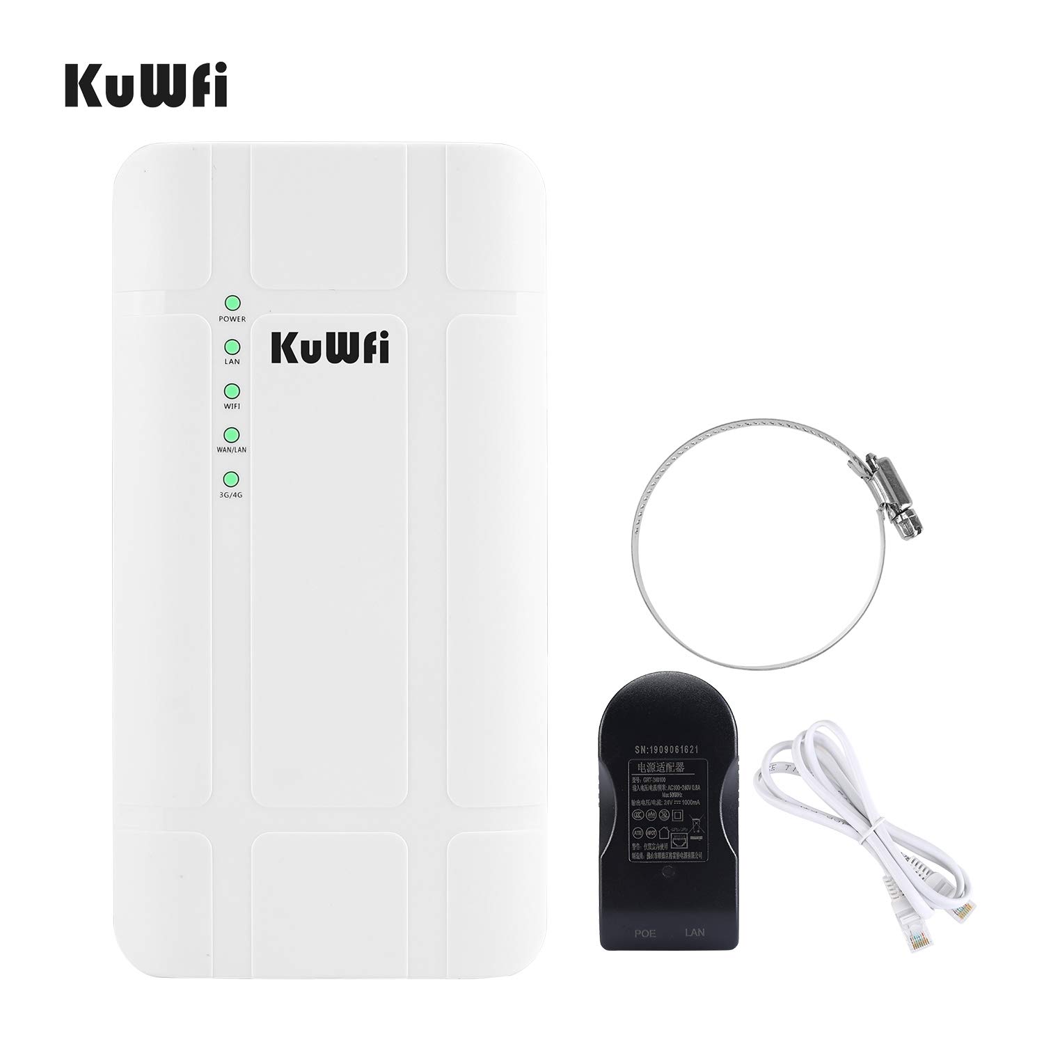 KuWFi Routeur 4G LTE, 300Mbps étanche extérieur 4G LTE CPE routeur avec Adaptateur POE CAT4 LTE routeurs 3G / 4G Carte SIM routeur WiFi pour caméra IP/Couverture WiFi extérieure