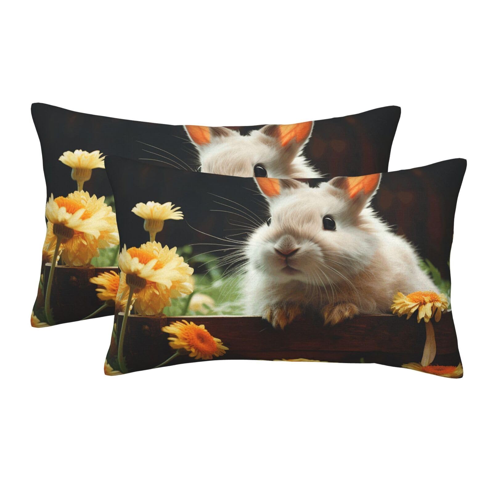 2 Pack Pillow Cases with Hidden Zipper, Soft Breathable Pillow Covers for Hair and Skin, Rabbit and Flower Pillowcases 20"x30" Bed Pillow Protectors Cover for Sleeping Gifts
