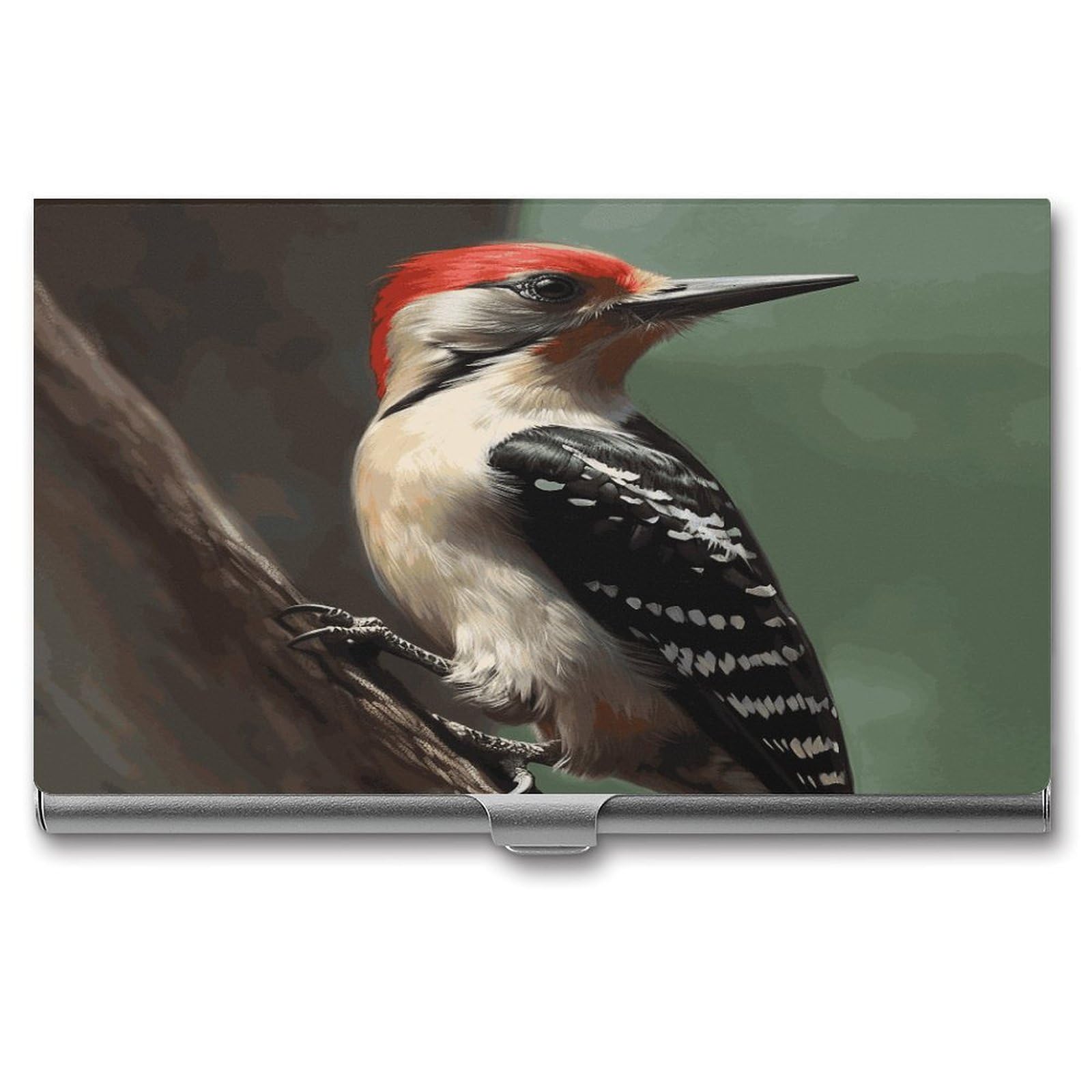 LDGSUPH Woodpecker Business Card Holder Fashion Slim Name Card Holder Minimalist Design Case Metal Card Carrier Personalized Business Card Case with Flip for Men Women