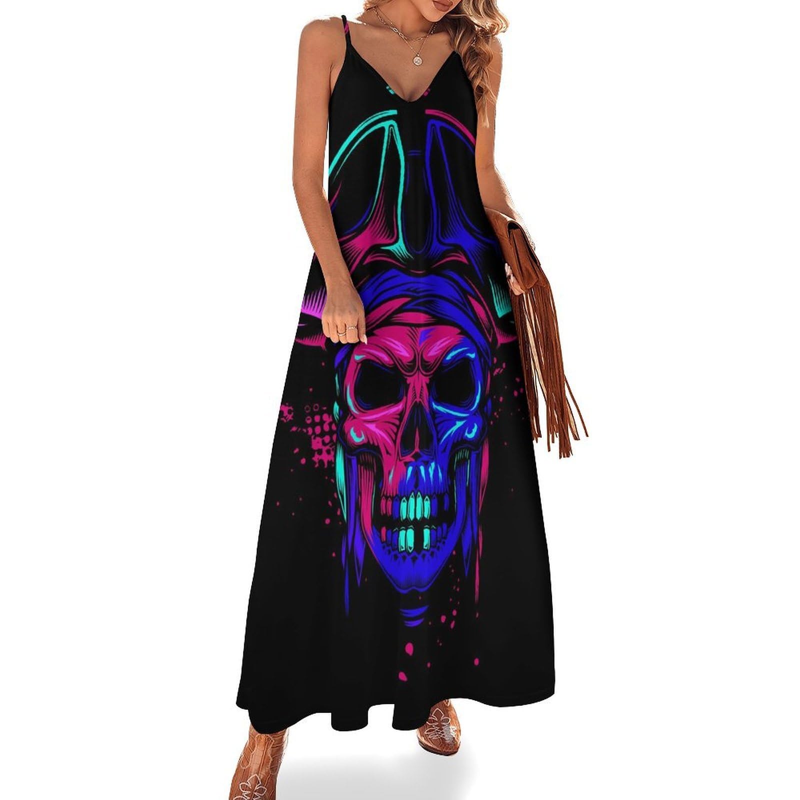 Robe maxi sans manches legere et fluide a motif crane de pirate - 7