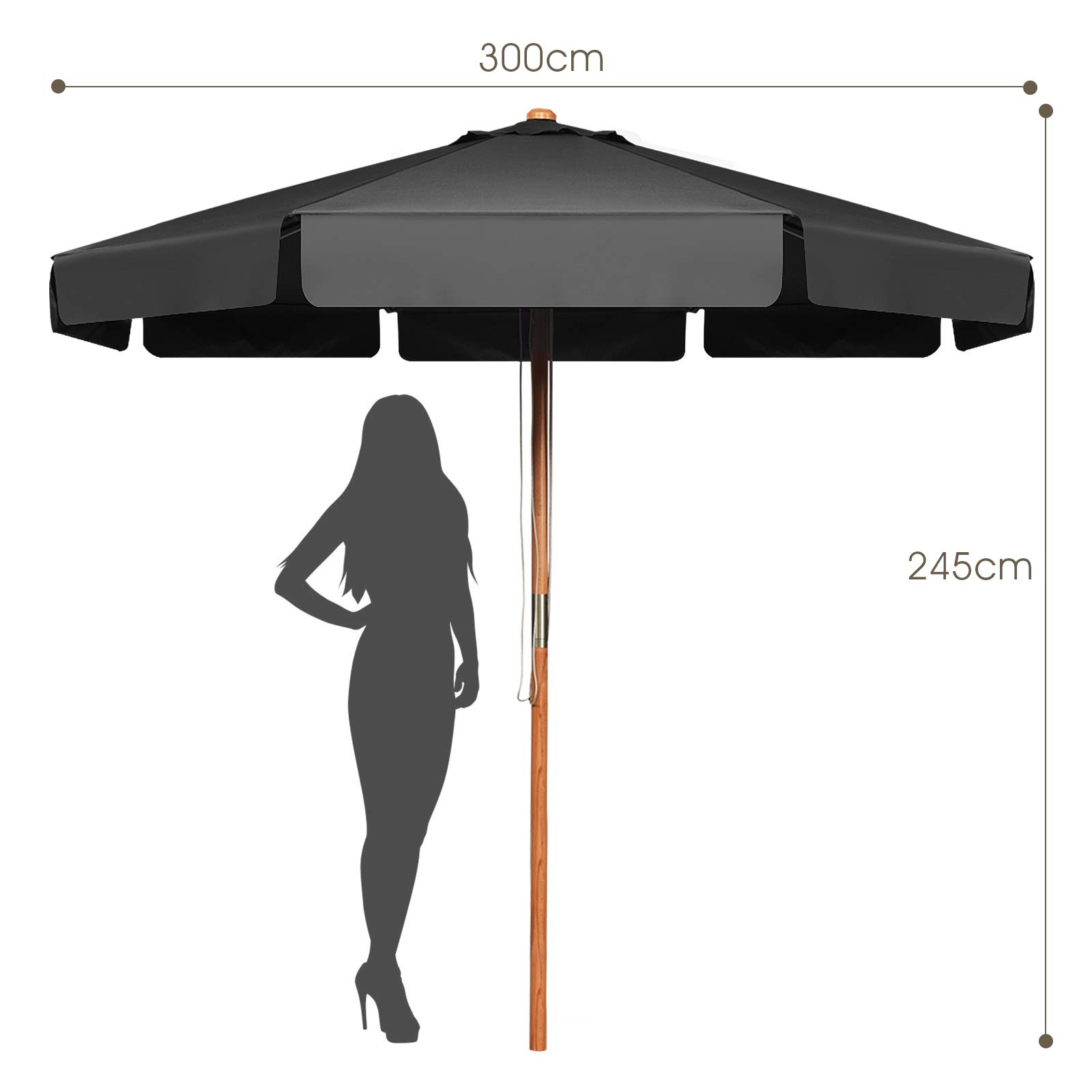 GOPLUS Drewniany parasol przeciwsłoneczny, 300 cm, składany z obu stron o 30°, UV 50+, parasol tarasowy, parasol na balkon, do ogrodu, na balkon, podwórko, szary, Groß