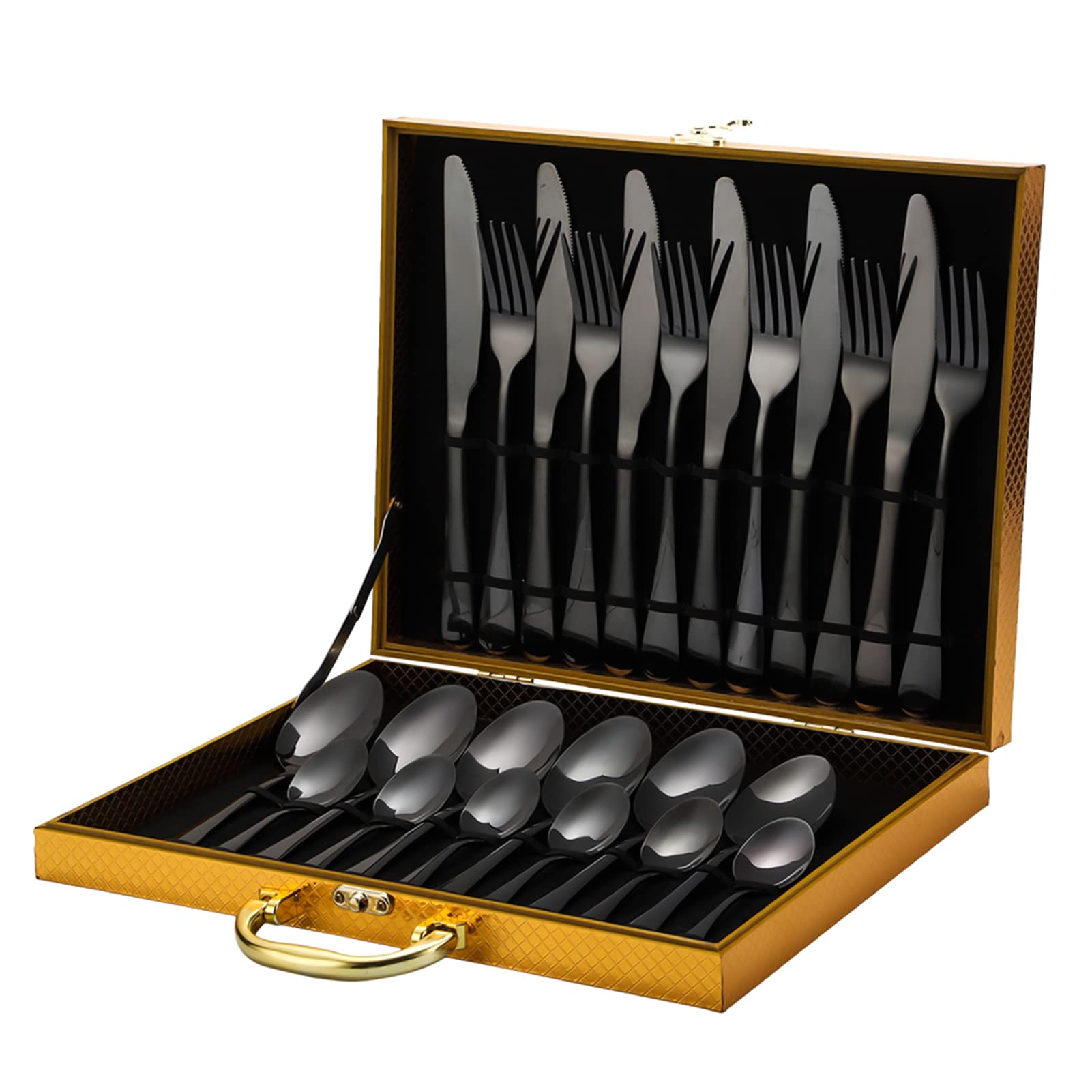 Set di Posate in Acciaio Inossidabile da 24 Pezzi, Servizio di Posate da Tavola per 6 con Custodia di per Domestica, Ristorante, Hotel (BLACK)
