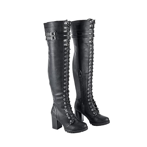 Dream Apparel Women's Faux Leather Over The Knee Thigh High Boots, Black Lace Up Knee High Boots With Chunky Heel, Sexy Biker Boots with Buckle - 11 - Black