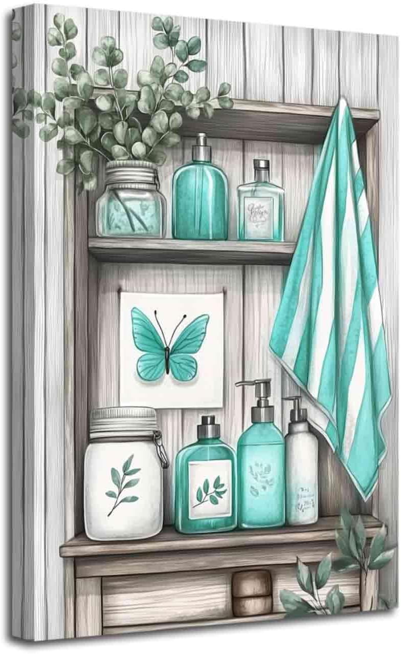 YMXDYMJSW Teal Bathroom Wall Art Turquoise Canvas Prints Rustic Bathroom Sign Pictures Farmhouse Flower Poster Prints for Toilet Restroom Decor Framed (Teal, (18L x 12W))