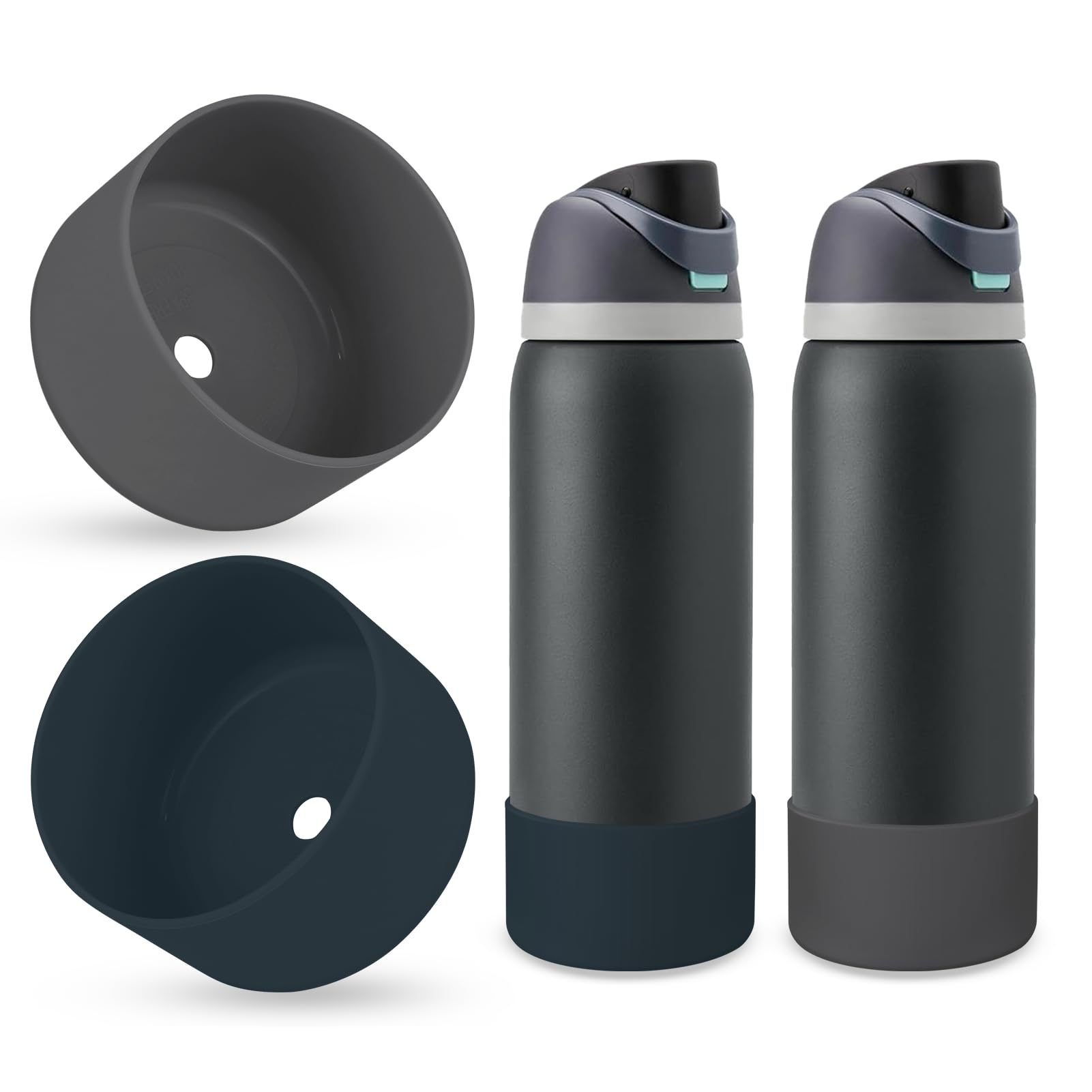 BKBY 2PCS Silicone Water Bottle Boot, Compatible with Owala 24oz 32oz 40oz, Protective Anti-Scratch & Anti-Dent No Noise Sleeve Cover for FreeSip/Twist/Flip Water Bottles (Foggy Tide+Charcoal, 32oz) — image 1