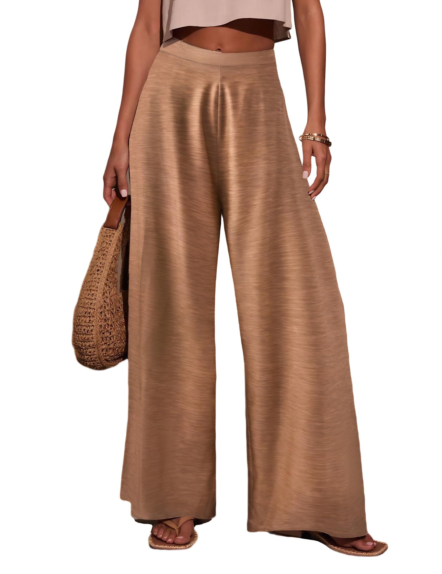 Womens Elastic High Waisted Palazzo Pants Casual Wide Leg Long Lounge Pant Trousers