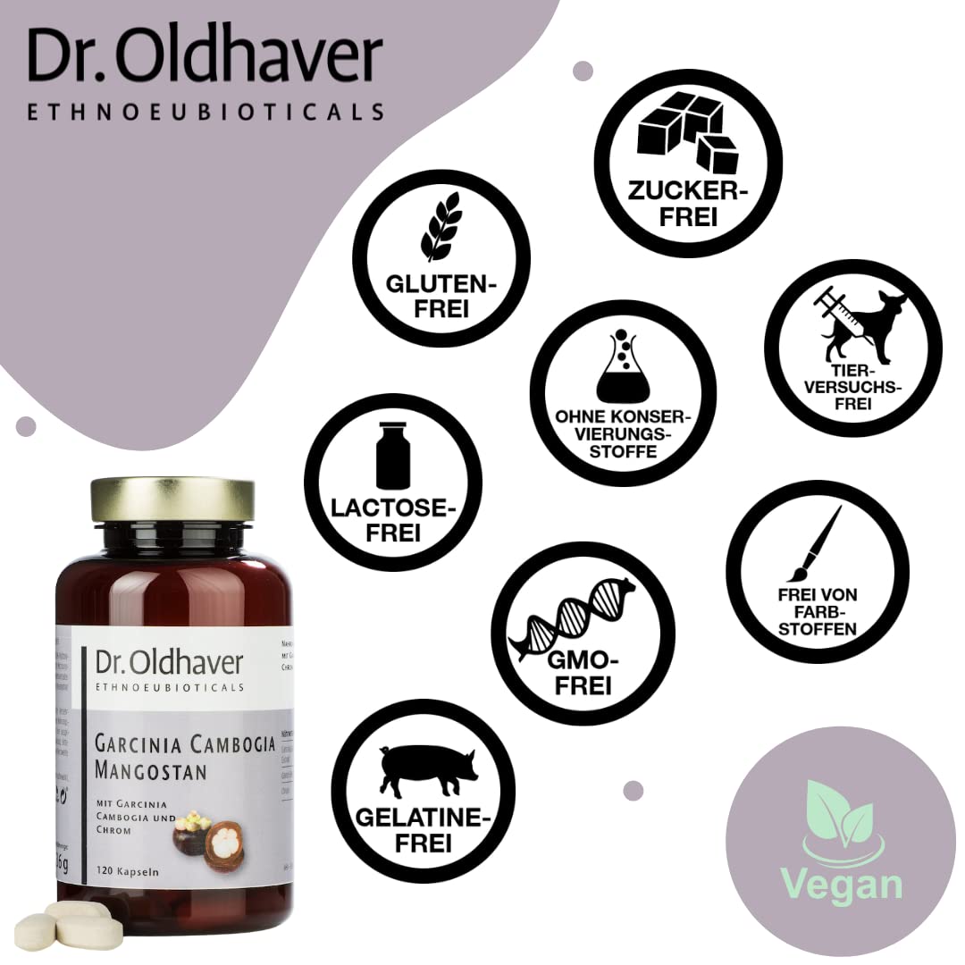 Dr. Oldhaver Garcinia Cambogia Mangostan Extrakt (120 Presslinge) - Hydroxy Zitronensäure (HCA) - Hochdosiert | mit Chrom für Stoffwechsel und Blutzuckerspiegel