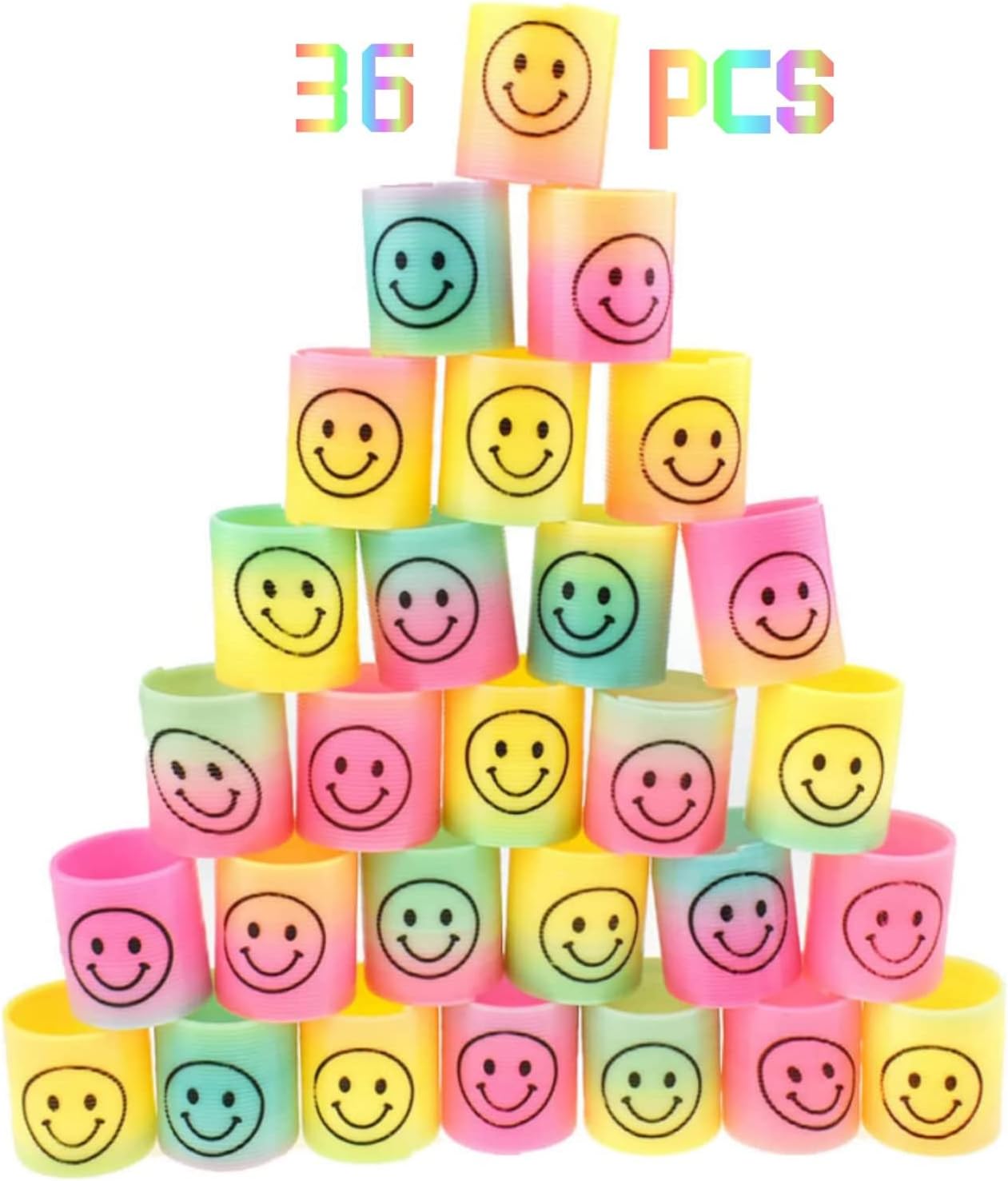 TAME Coil Spring Toy, 36 Pack Rainbow Smiley Face Springs Slinky Pinata Party Loot Bag Fillers Toy, Birthday Giveaways For Kids Bulk Mini Toys Pinata Goody Bag
