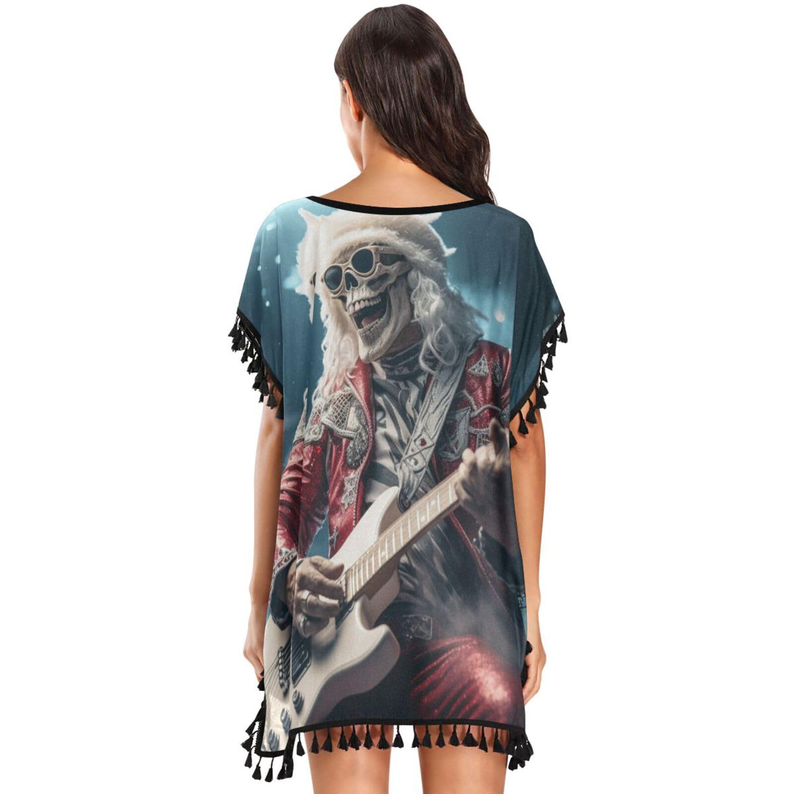 KAAVIYO Christmas Skeleton Guitar Snow Women's Beach Cover Up Chiffon Tassel Swimwear Swimsuit Coverups for Girl