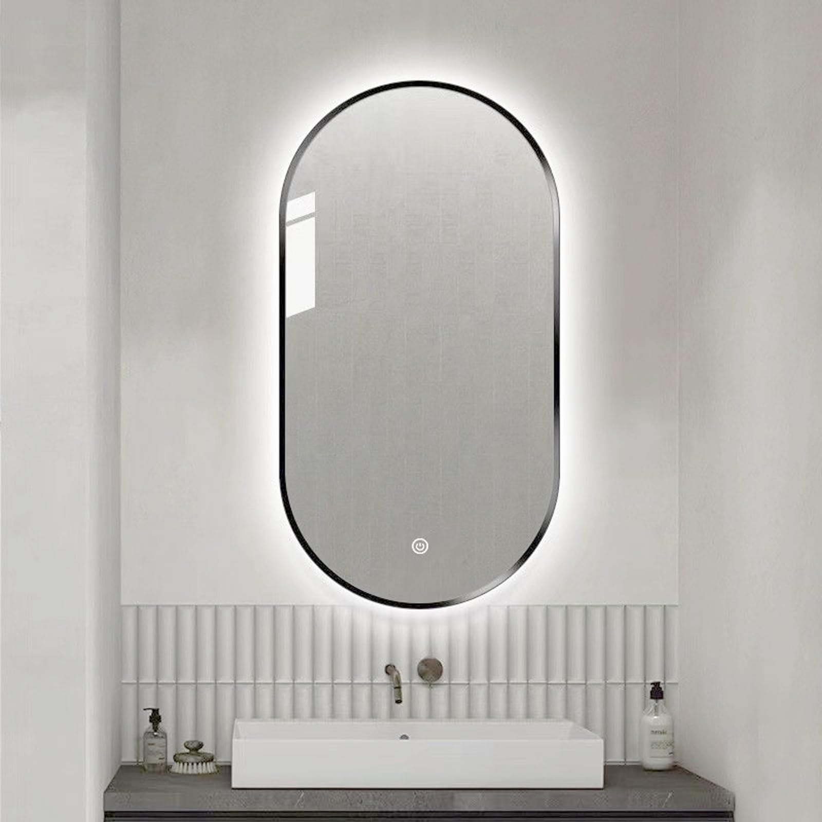 SXFSDOU LED Oval Bathroom Mirror, Wall-Mounted Illuminated Mirror with Touch Switch, 3 Color Temperature Adjustable, Dimmable Decorative (Black, 50x70cm)
