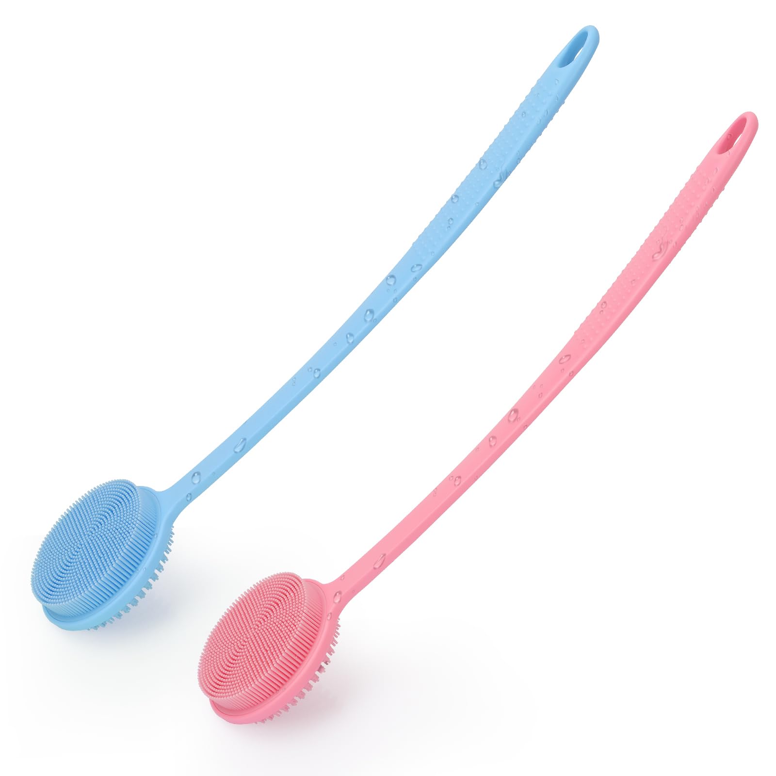 2 Pack Back Scrubber for Shower, 17in Lengthen Long Handle Body Brush, Double Sided Shower Brush for Shower Exfoliating and Massage Can Produce Rich Foam, Long Handle Back Scrubber for Men 2pc-blue+pink